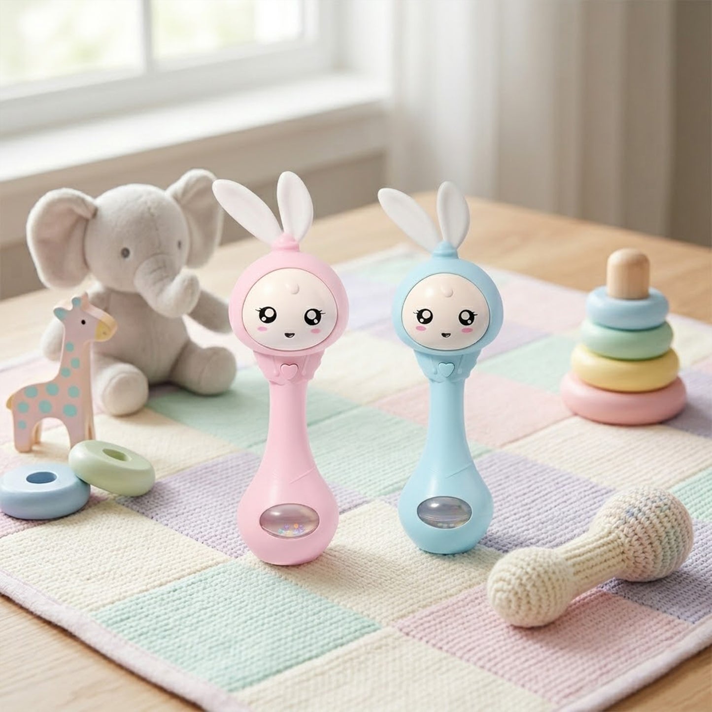Smart Bunny Music & Light Rattle - Intelligent Baby Media Toy for Newborns - Smart Shake Early Educational Sensory Toy with Sound & Shine Features