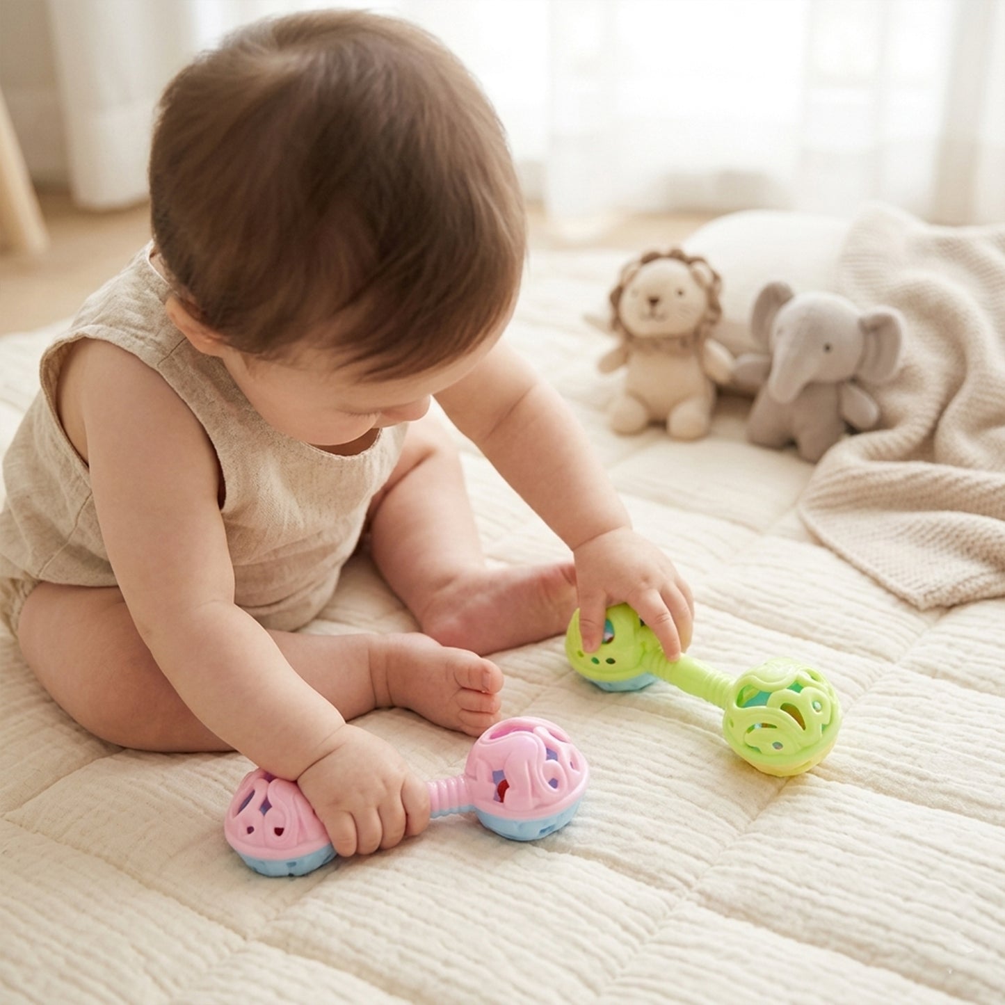 3-Piece Double-Headed Baby Hand Rattles - Newborn Sensory Shaker Toys - Hand-Holding Bell Set for Infants & Toddlers - Baby Shower Gift Items