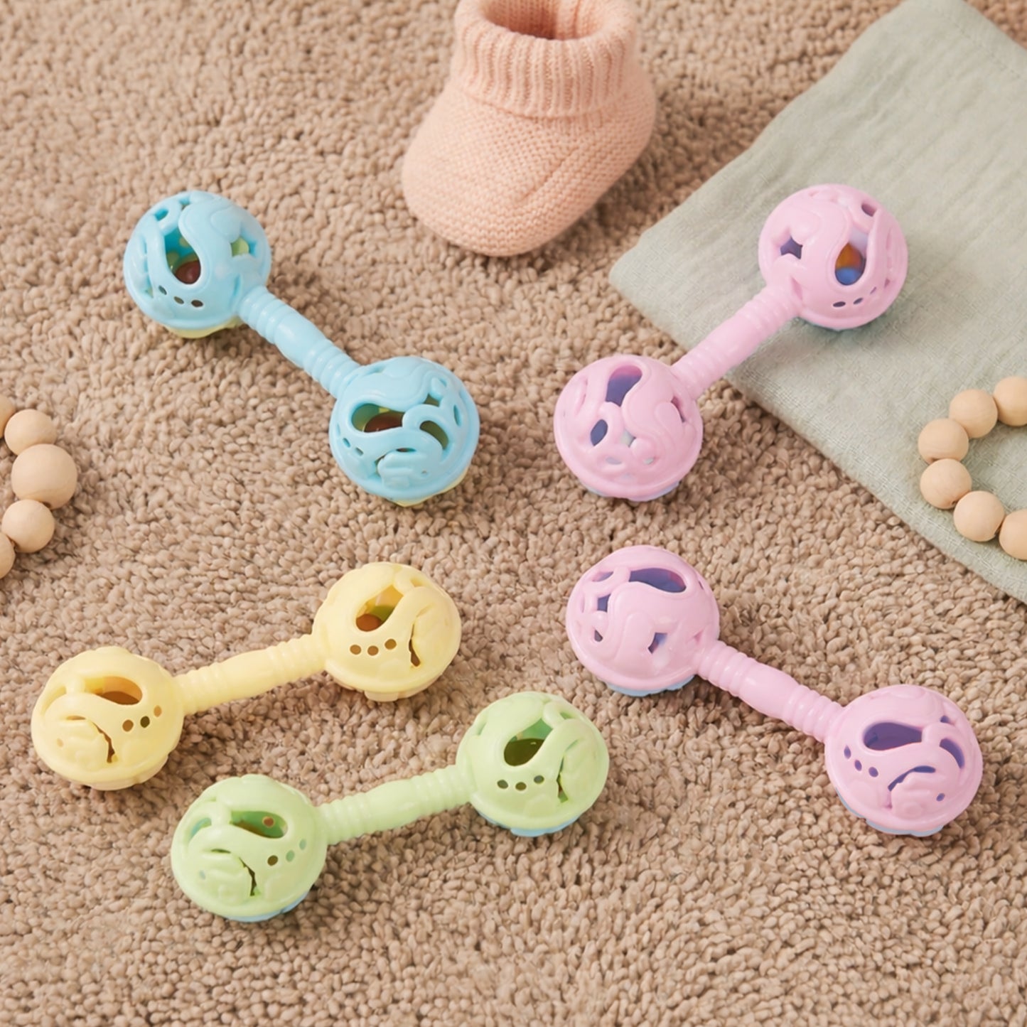 3-Piece Double-Headed Baby Hand Rattles - Newborn Sensory Shaker Toys - Hand-Holding Bell Set for Infants & Toddlers - Baby Shower Gift Items