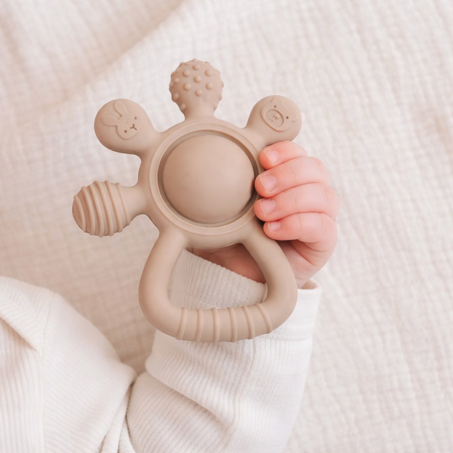 2-in-1 Silicone Rattle & Teether Toy - Soft Baby Chew Toy for Sore Gums - Easy-Grip Palm Teething Toy for Newborns