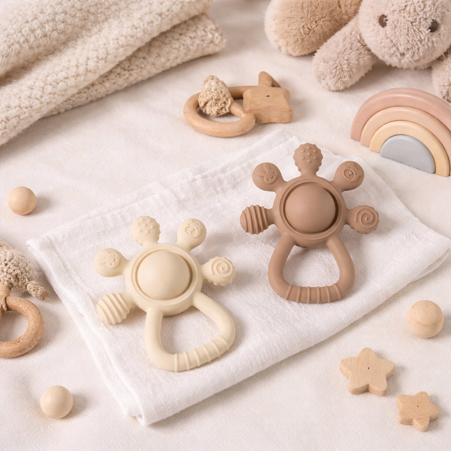 2-in-1 Silicone Rattle & Teether Toy - Soft Baby Chew Toy for Sore Gums - Easy-Grip Palm Teething Toy for Newborns