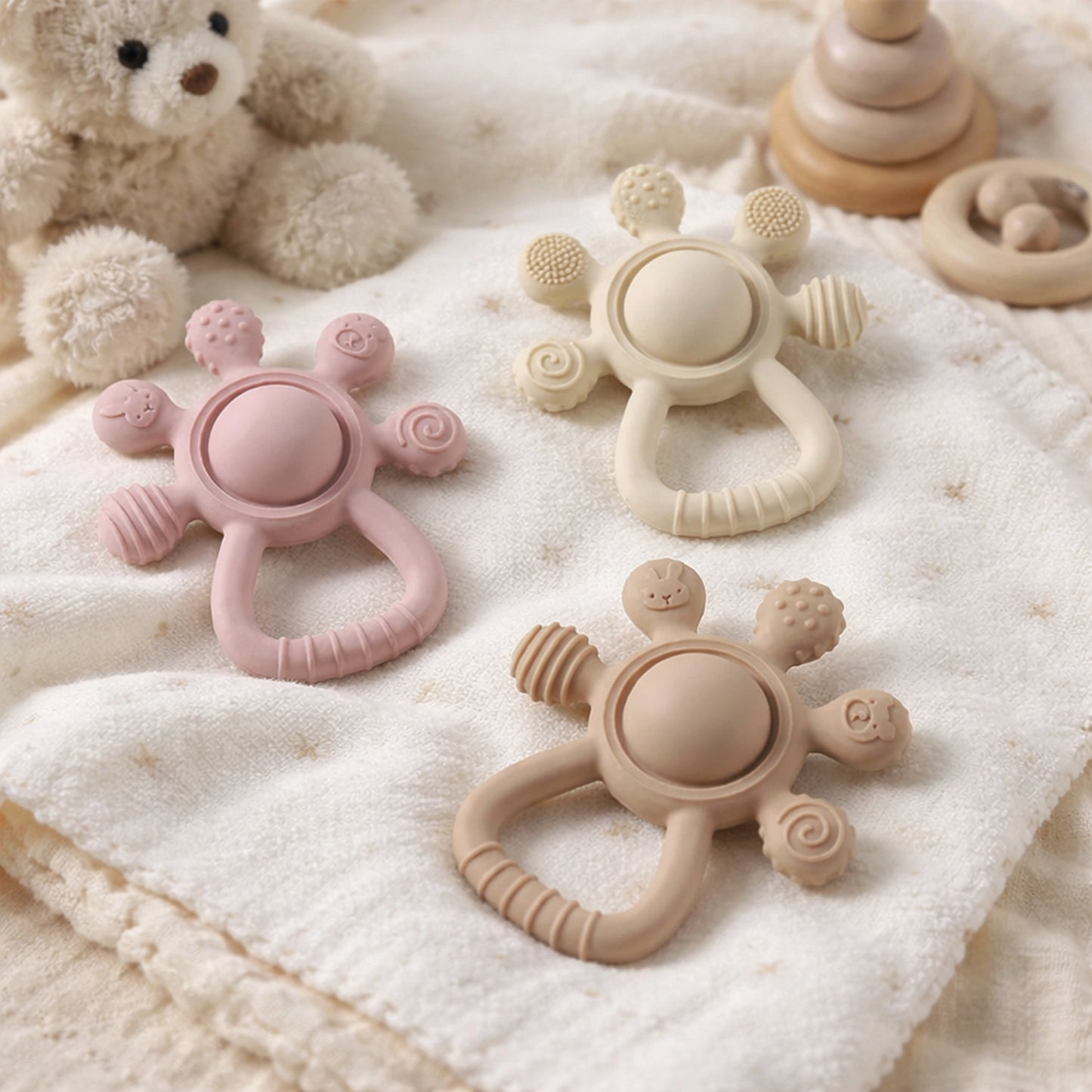 2-in-1 Silicone Rattle & Teether Toy - Soft Baby Chew Toy for Sore Gums - Easy-Grip Palm Teething Toy for Newborns