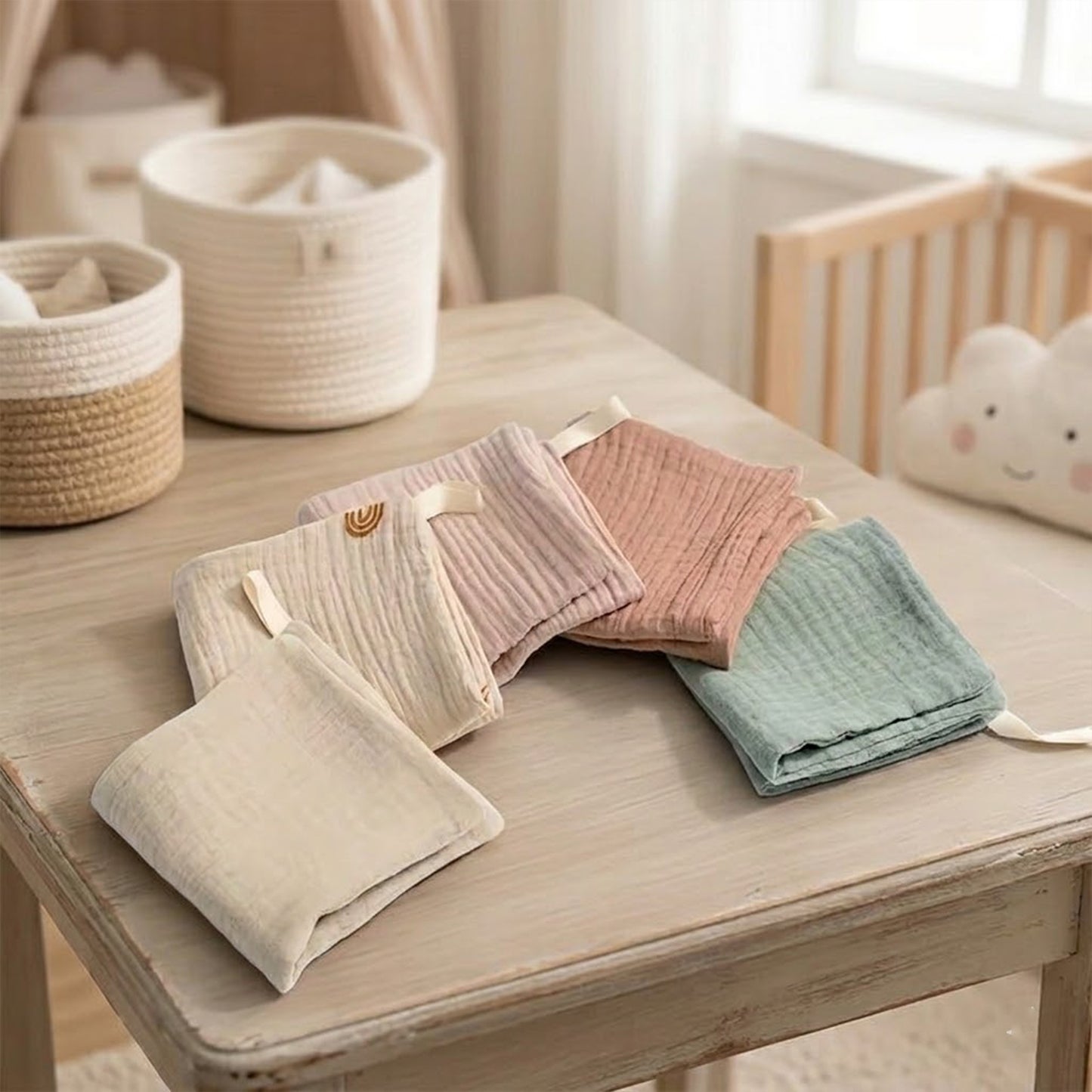 5-Piece Muslin Cotton Baby Washcloths - Soft Gauze Face & Hand Towels - Multipurpose Newborn Bathing & Shower Cloths - Square Infant Handkerchiefs