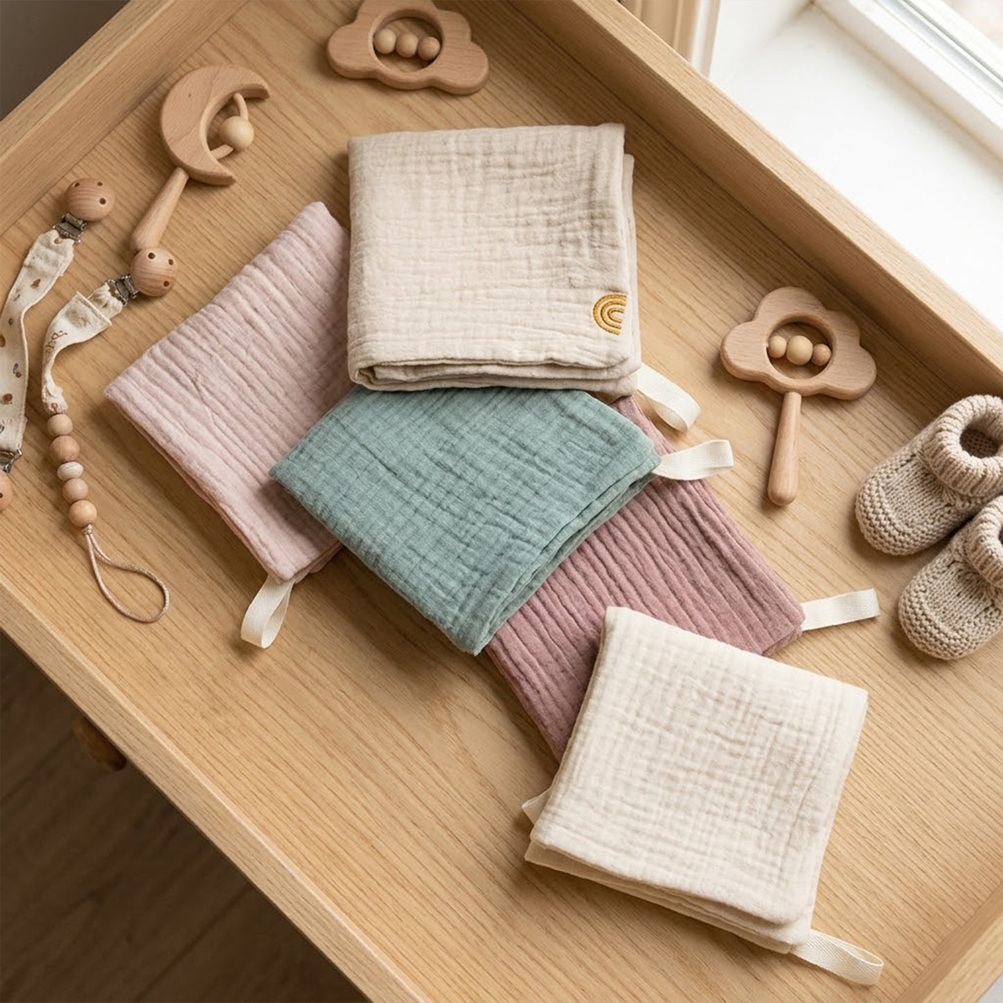5-Piece Muslin Cotton Baby Washcloths - Soft Gauze Face & Hand Towels - Multipurpose Newborn Bathing & Shower Cloths - Square Infant Handkerchiefs
