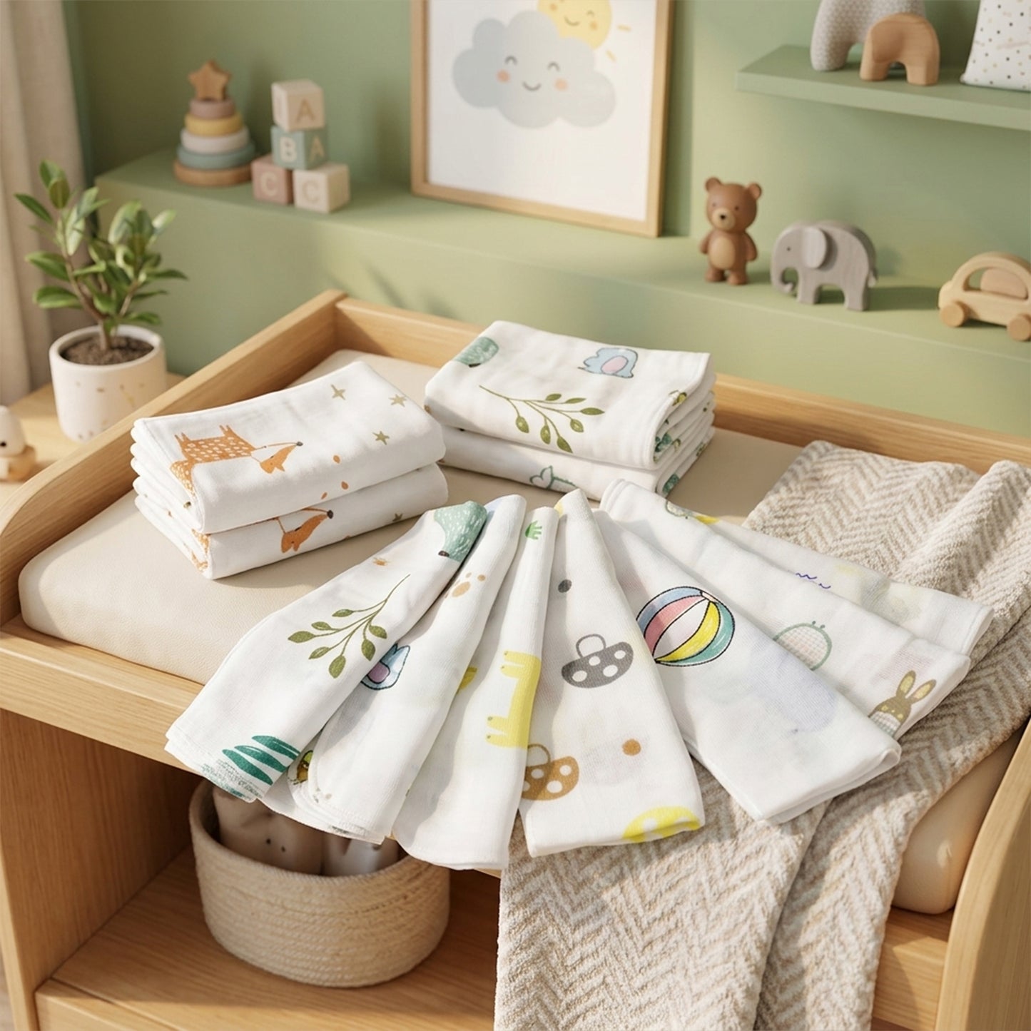 5-Piece 100% Cotton Gauze Baby Square Towels - 31x31cm Newborn Face & Hand Cloths - Cartoon Feeding Bibs & Bathing Handkerchiefs