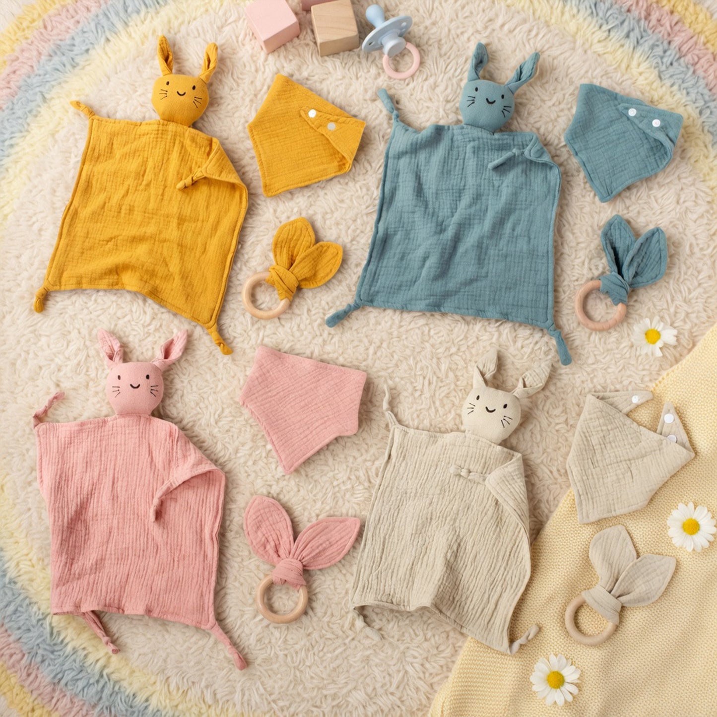 3Pcs Baby Muslin Towel Set - Soft Cotton Triangle Bib & Rabbit Ear Wooden Teether - Premium Saliva & Teething Kit for Newborns