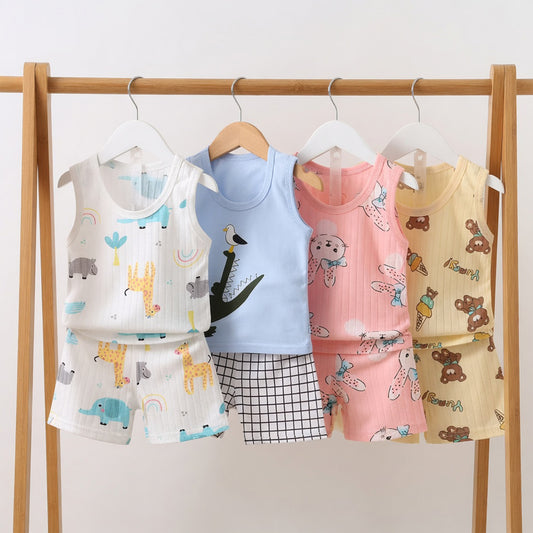 Kids Summer Tank Top & Shorts Set - Breathable Sleeveless Print Outfit - Casual Cotton Vest Suit for Babies