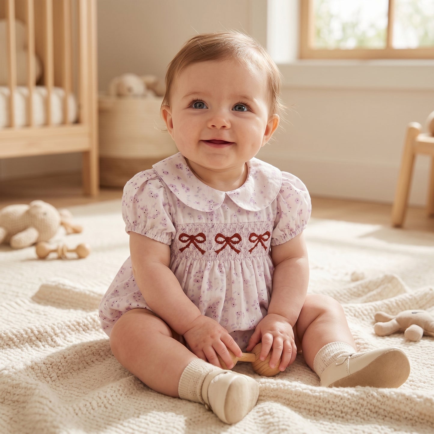 Infant Girl Bowknot Embroidered Romper - Floral Print Doll Collar Jumpsuit - Short Sleeve Bubble Bodysuit 0-18M