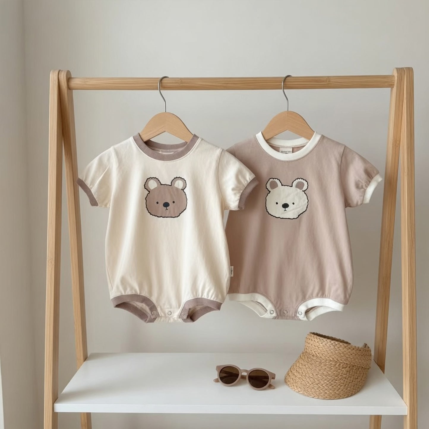 Infant Cartoon Bear Print Romper - Short Sleeve Triangular Bodysuit - Summer Cotton Jumpsuit 0-2Y