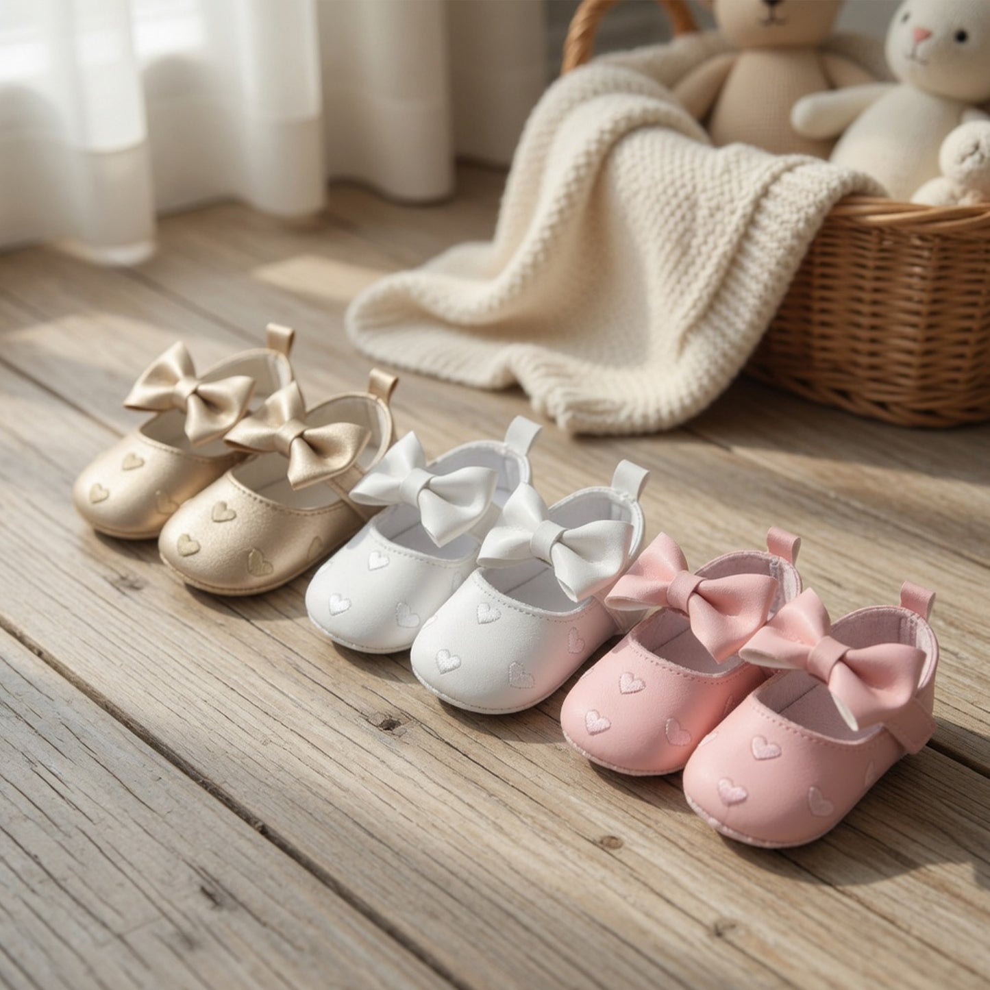 Classic Baby Girl Dress Shoes - Cute Bow-knot & Heart Anti-Slip First Walkers (0-18M)