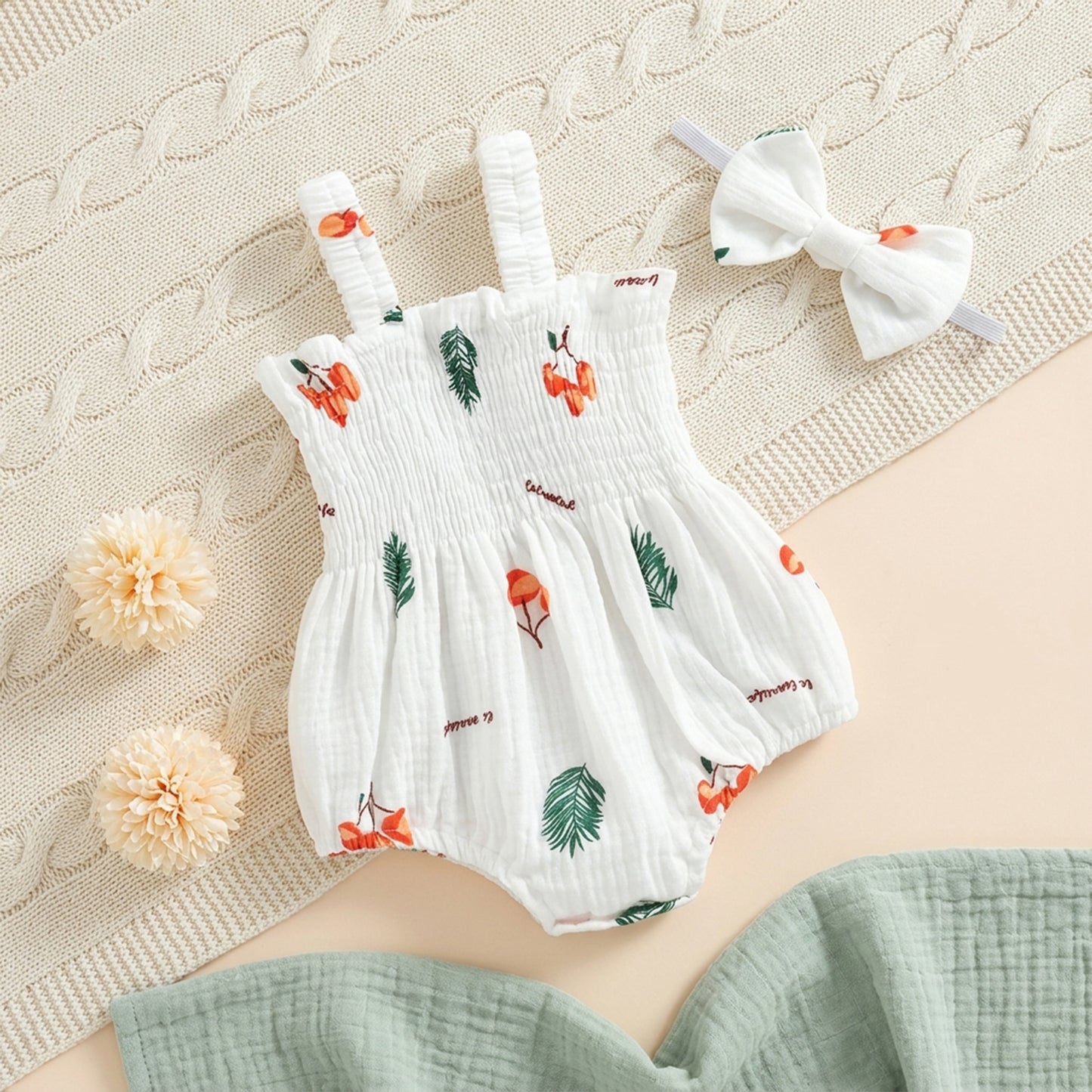 Newborn Baby Girl 2Pcs Summer Set - Sleeveless Printed Jumpsuit with Bow Headband - Soft Breathable Playsuit 0-18 Months