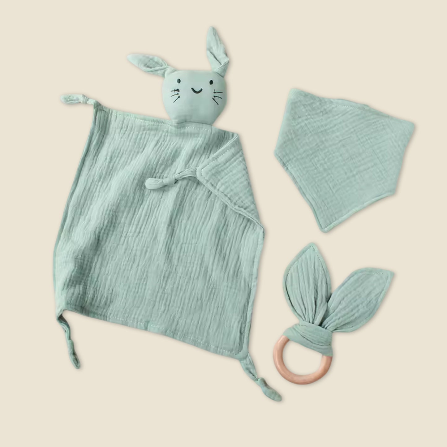 3Pcs Baby Muslin Towel Set - Soft Cotton Triangle Bib & Rabbit Ear Wooden Teether - Premium Saliva & Teething Kit for Newborns