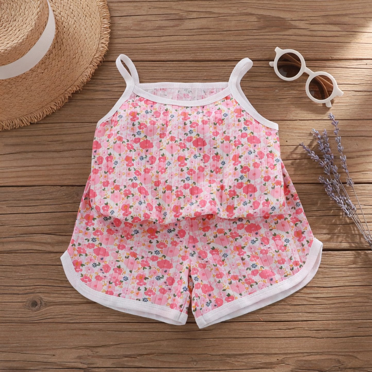 Baby Girl Summer Spaghetti Strap Set - 100% Cotton Camisole & Shorts Outfits - Cute Square Collar Pajamas