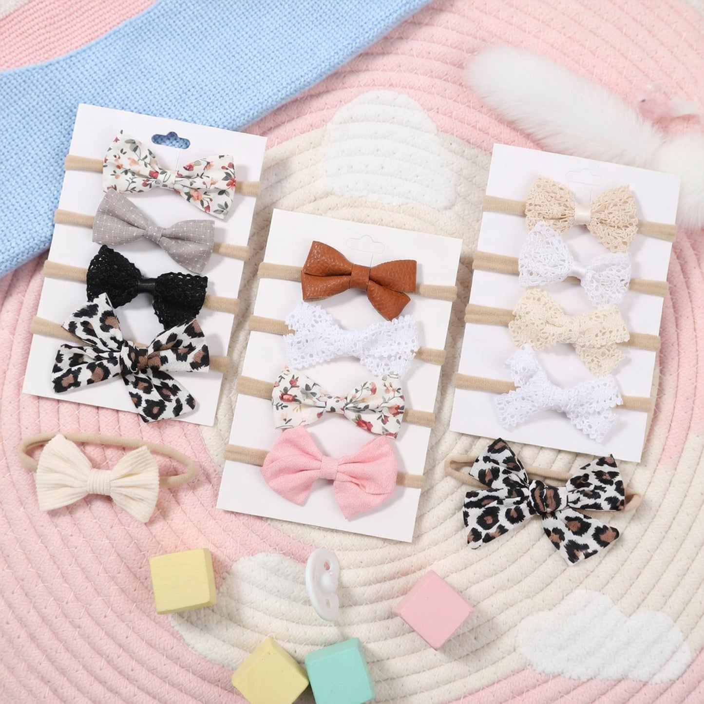 4-5Pcs/Set Baby Bow Headbands - Cotton Linen & Lace Fabric - Leopard Print Newborn Hair Accessories for Girls