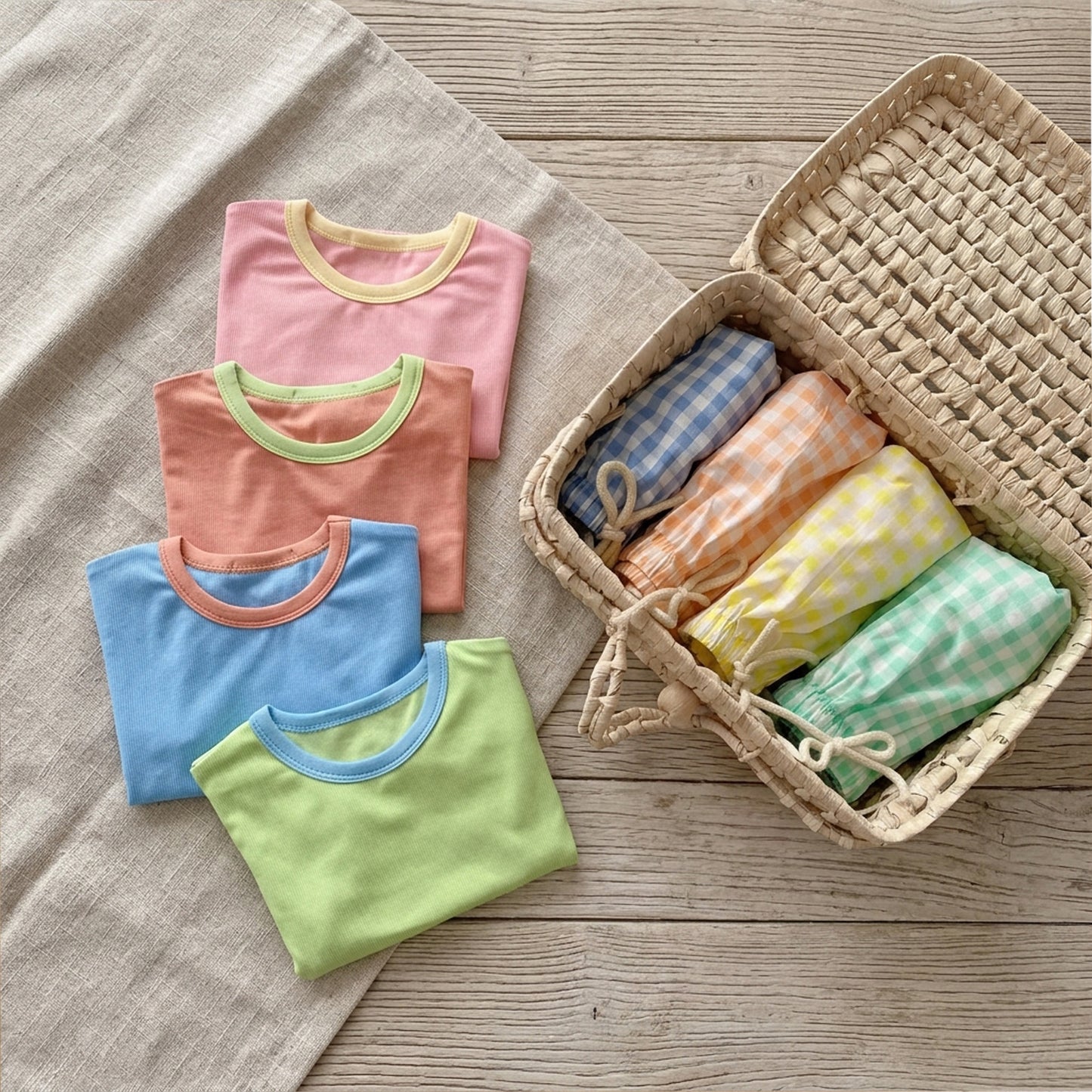2Pcs Baby Summer Clothing Set - Short Sleeve Tee with Plaid Shorts - Soft Breathable Outfits for Boys & Girls 0-2Y