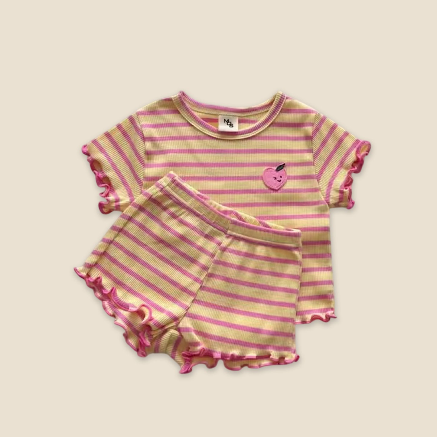Summer Baby Girl Clothing Set - Striped Ear Edge Tops & Shorts - Grape & Peach Pattern 2Pcs Suit