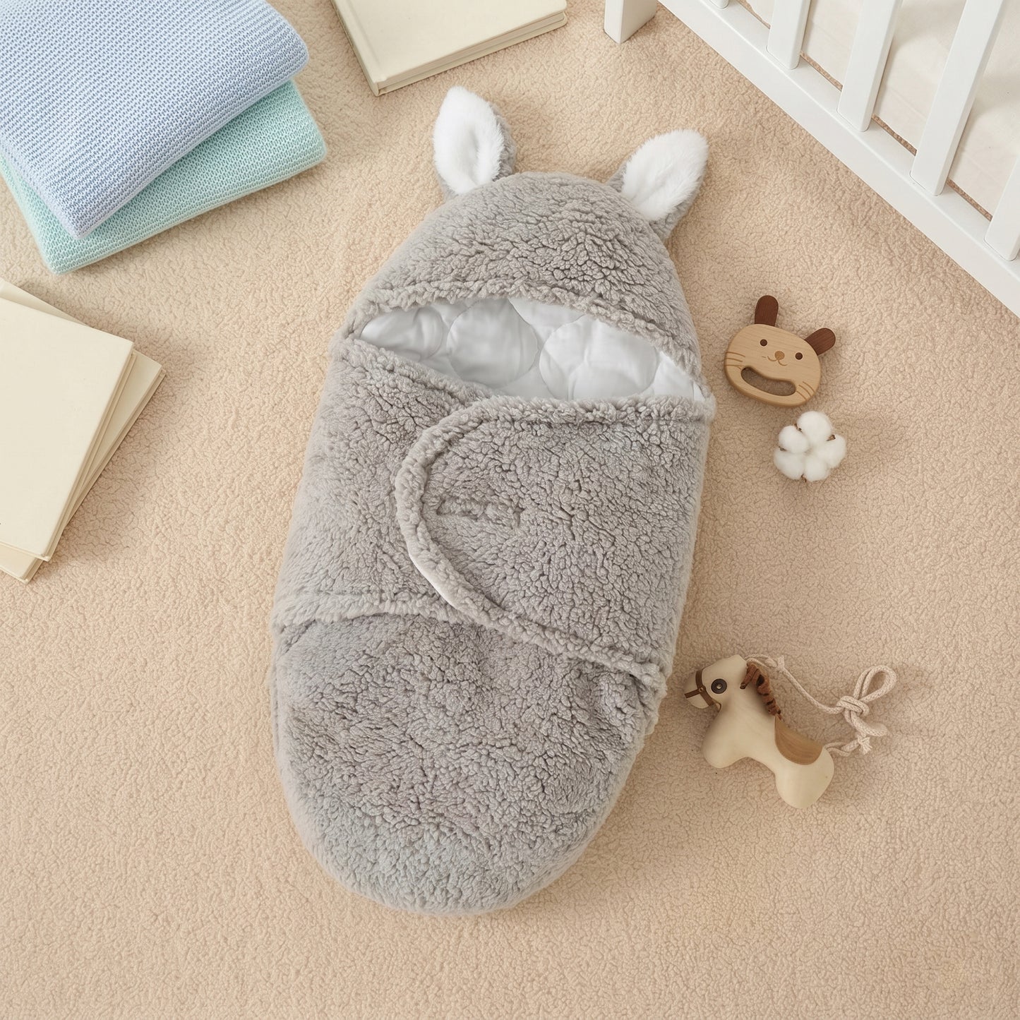Ultra-Soft Fluffy Fleece Baby Swaddle - Newborn Sleeping Bag with Head Support