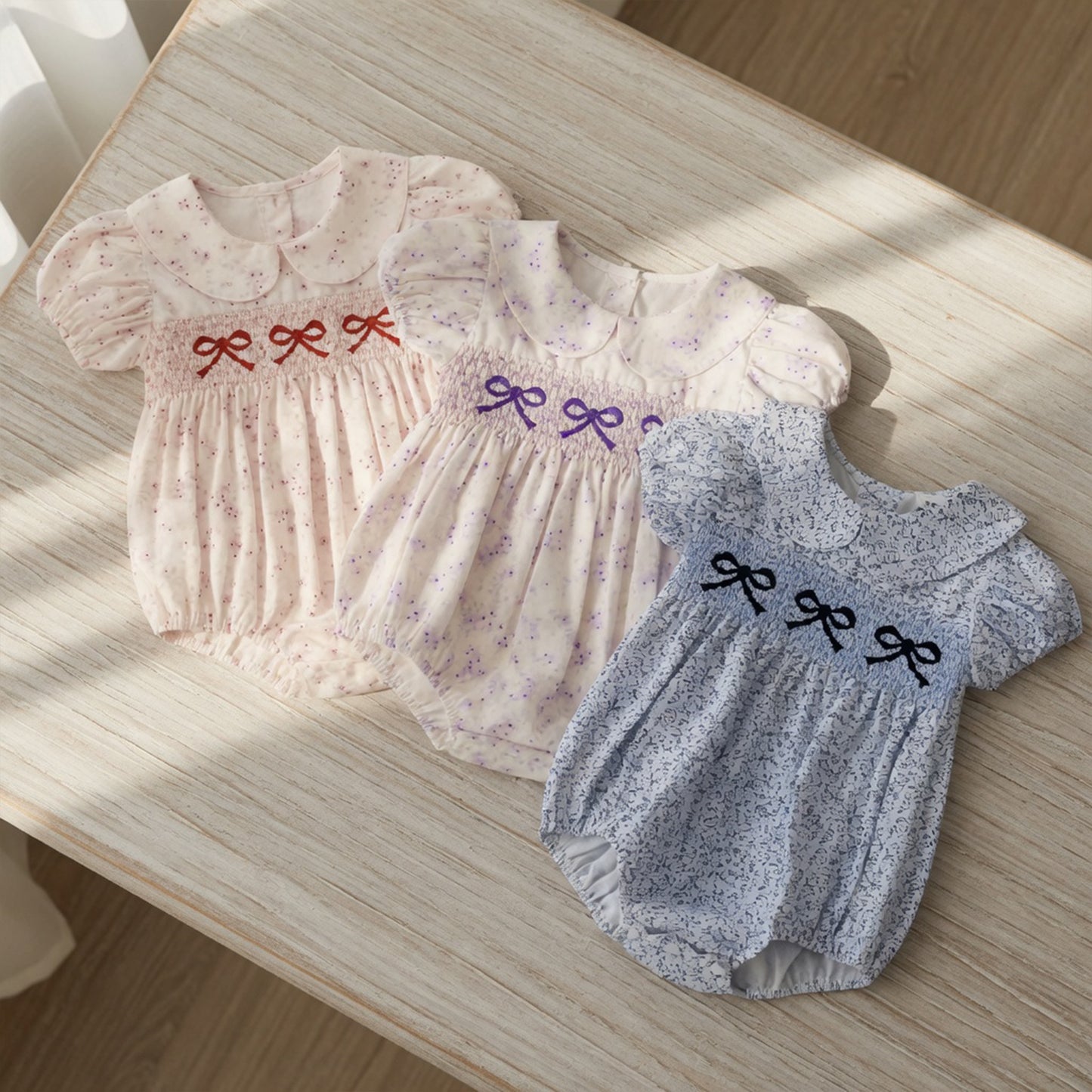 Infant Girl Bowknot Embroidered Romper - Floral Print Doll Collar Jumpsuit - Short Sleeve Bubble Bodysuit 0-18M