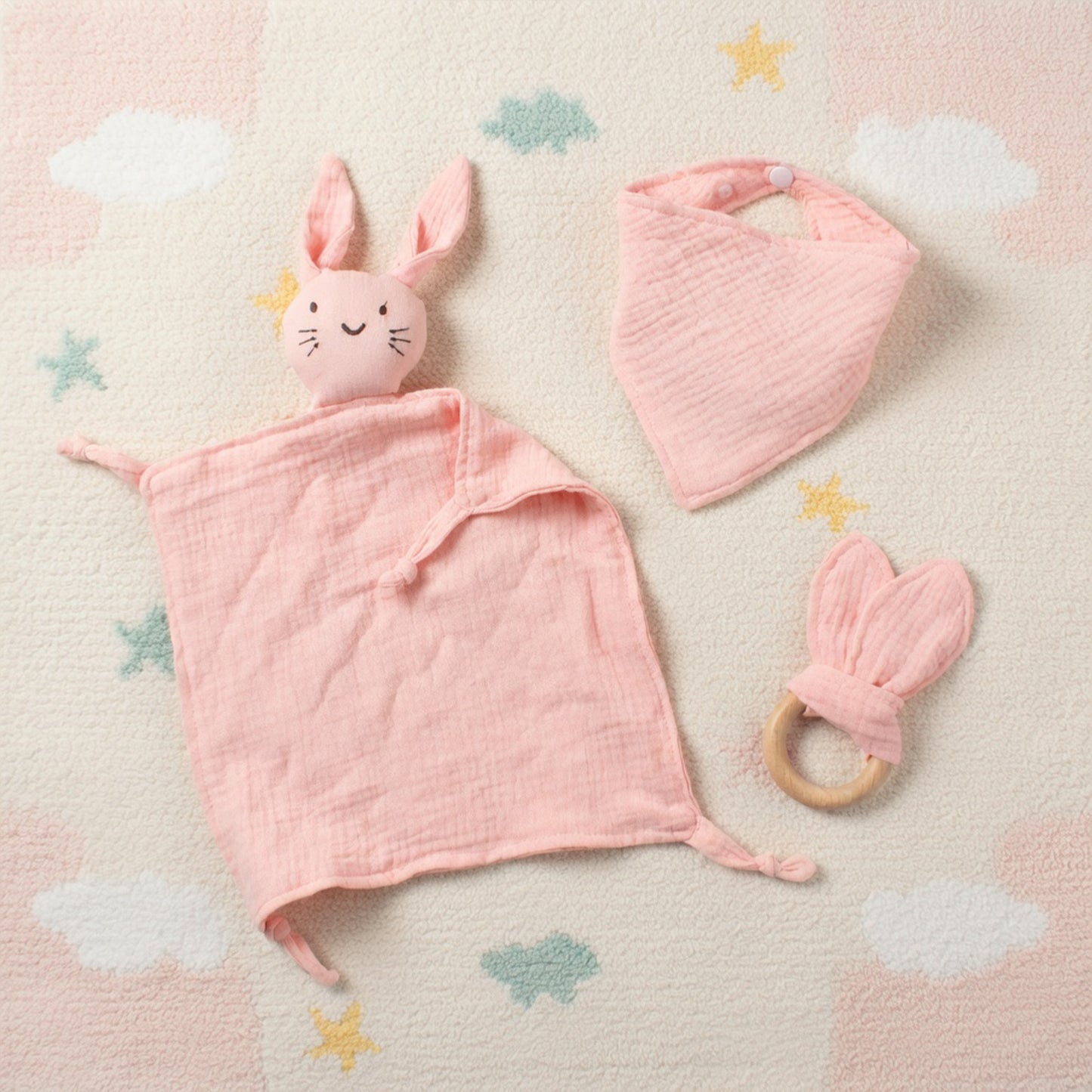 3Pcs Baby Muslin Towel Set - Soft Cotton Triangle Bib & Rabbit Ear Wooden Teether - Premium Saliva & Teething Kit for Newborns