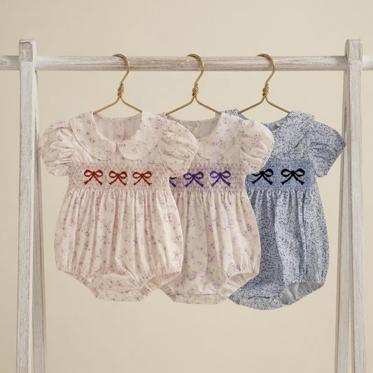 Infant Girl Bowknot Embroidered Romper - Floral Print Doll Collar Jumpsuit - Short Sleeve Bubble Bodysuit 0-18M