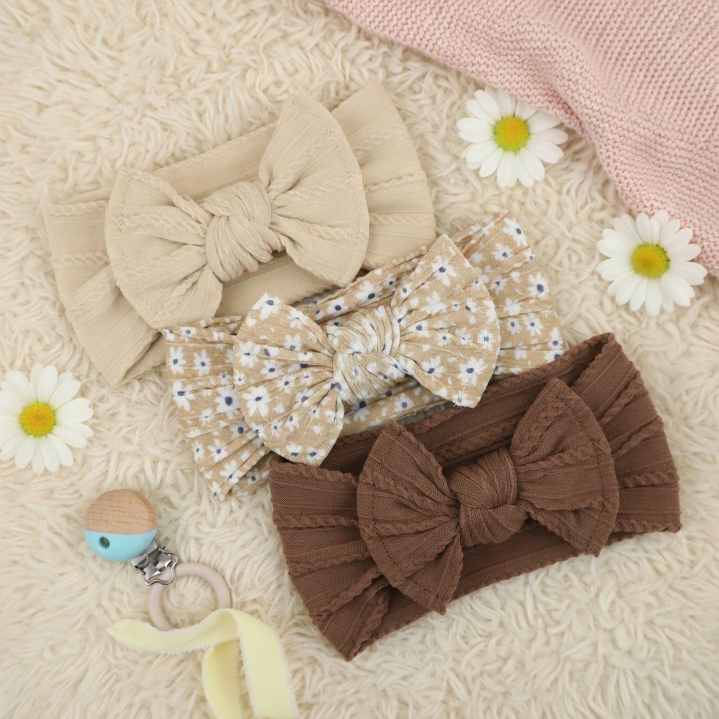 3-Piece Baby Girl Headband Set - Soft Elastic Bow Hair Bands - Newborn Turban & Hair Accessories Gift Pack