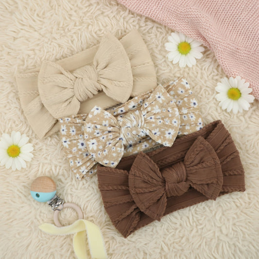 3-Piece Baby Girl Headband Set - Soft Elastic Bow Hair Bands - Newborn Turban & Hair Accessories Gift Pack