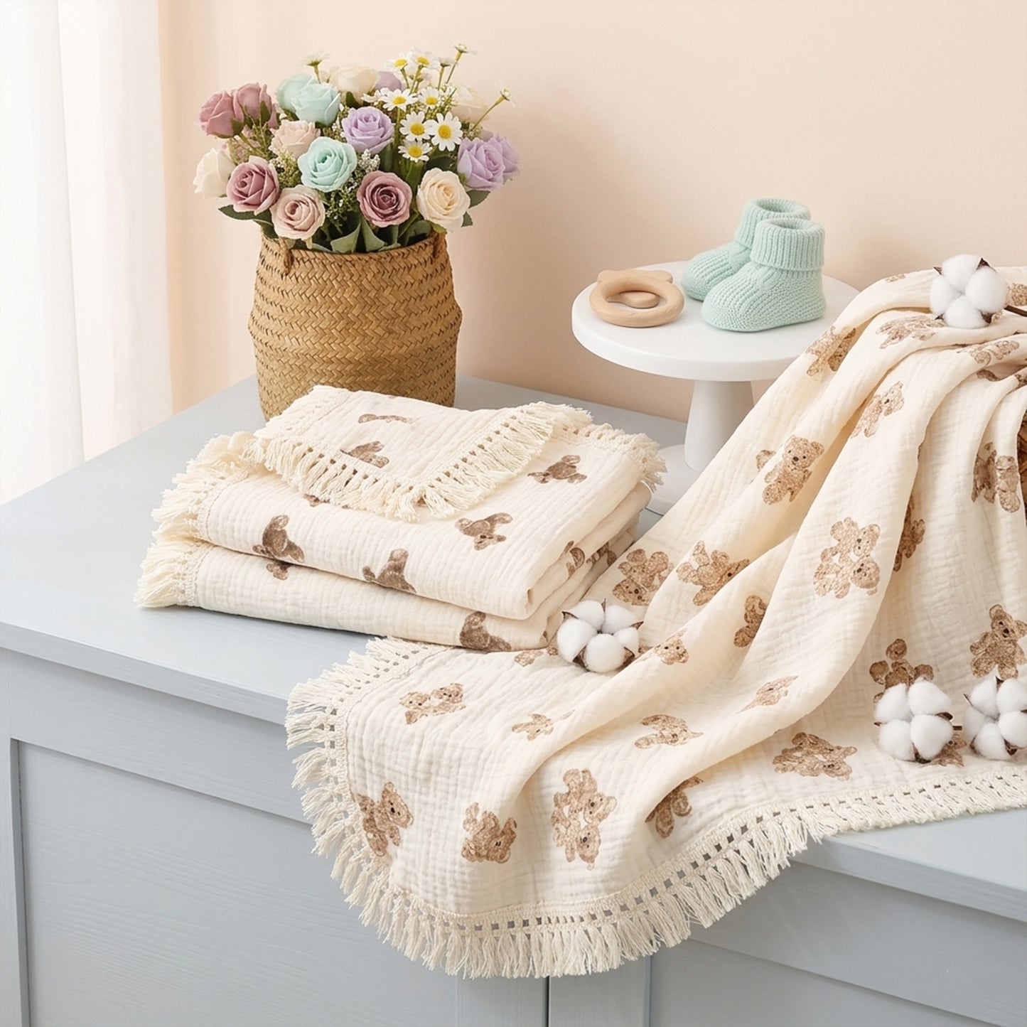 Cute Bear Plaid Muslin Baby Blanket - 100% Cotton Soft Swaddle - Breathable Summer Comforter for Newborns & Infants