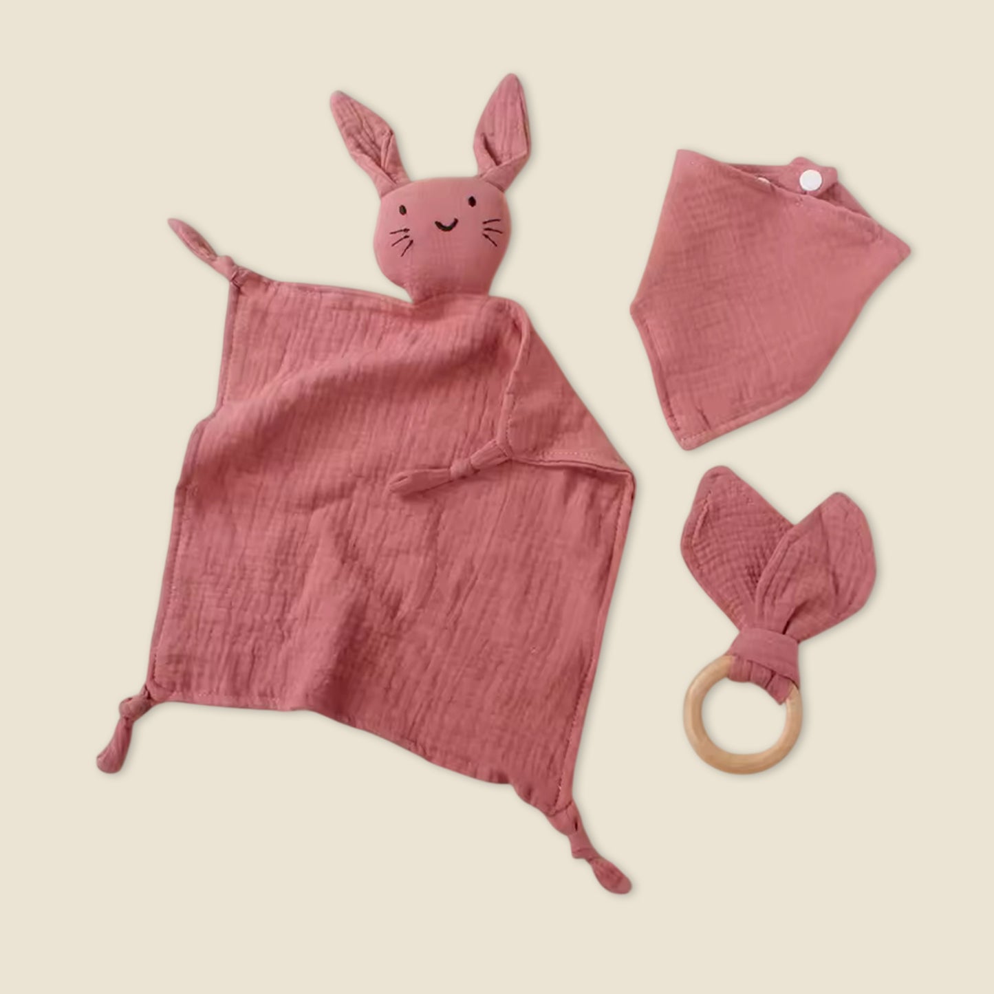 3Pcs Baby Muslin Towel Set - Soft Cotton Triangle Bib & Rabbit Ear Wooden Teether - Premium Saliva & Teething Kit for Newborns