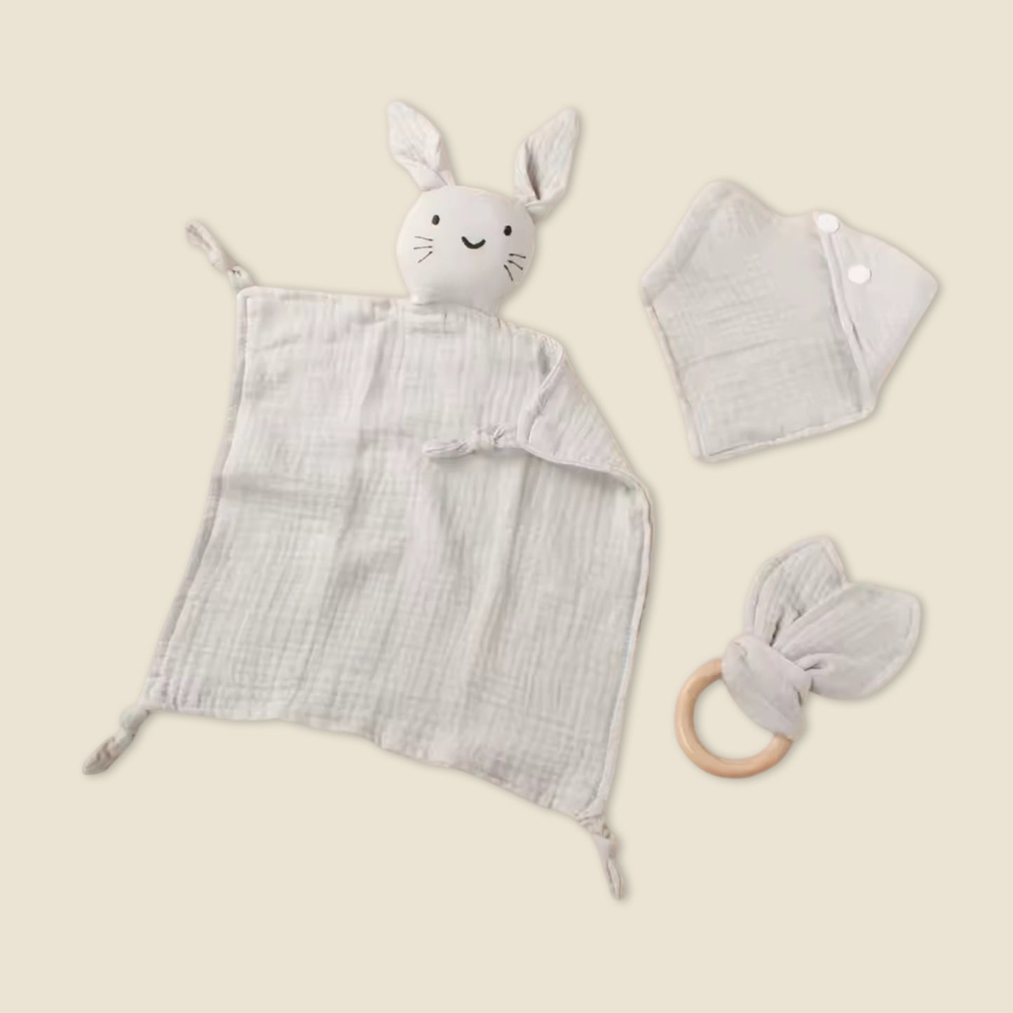 3Pcs Baby Muslin Towel Set - Soft Cotton Triangle Bib & Rabbit Ear Wooden Teether - Premium Saliva & Teething Kit for Newborns