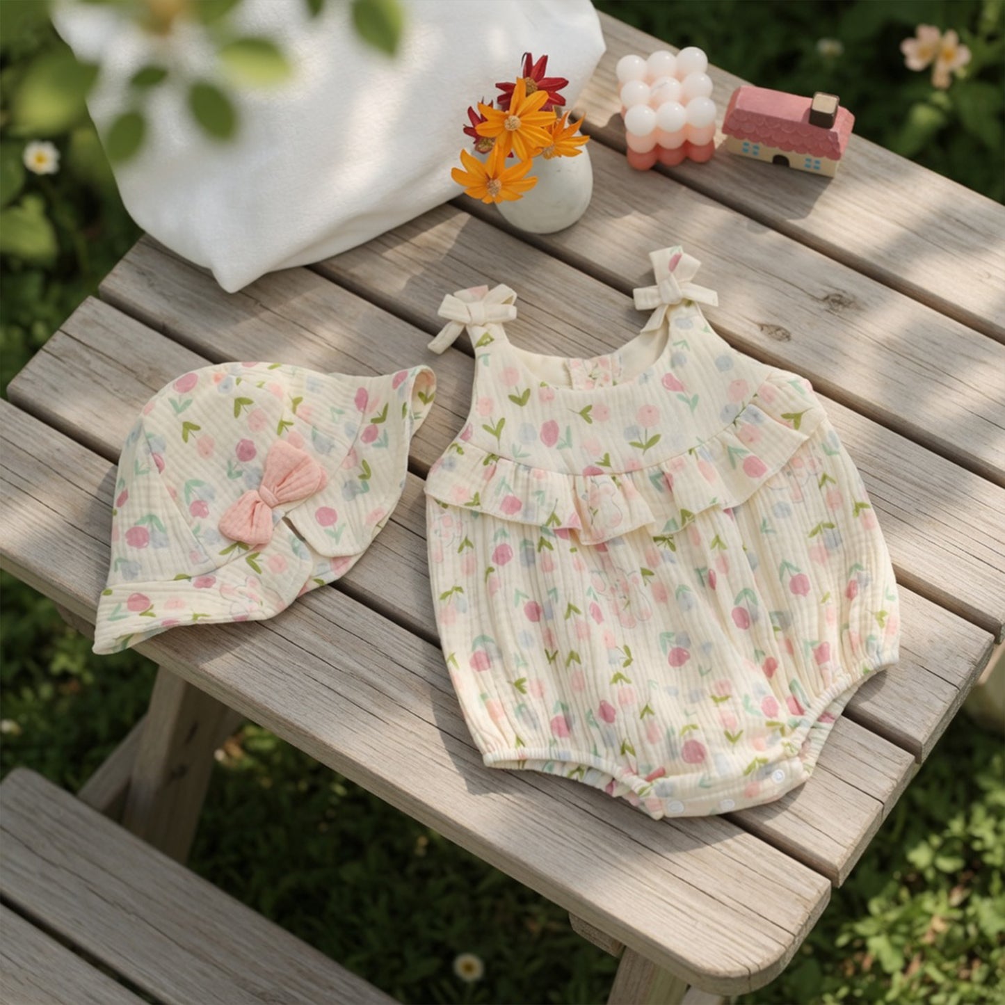 Baby Girl Ruffle Camisole Romper - Cotton Tulip Rabbit Print Jumpsuit & Hat Set - Infant Summer Clothing 0-24M