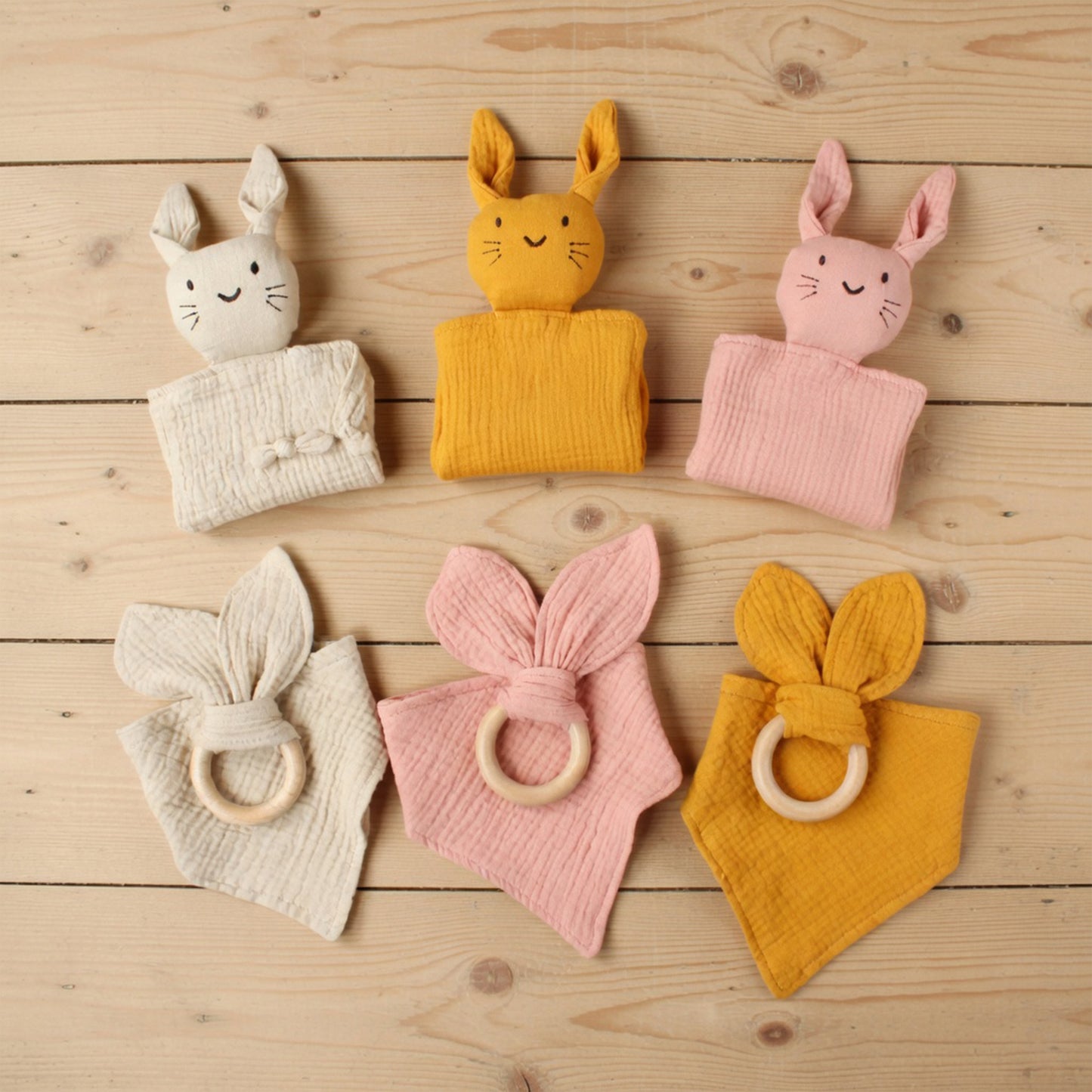 3Pcs Baby Muslin Towel Set - Soft Cotton Triangle Bib & Rabbit Ear Wooden Teether - Premium Saliva & Teething Kit for Newborns