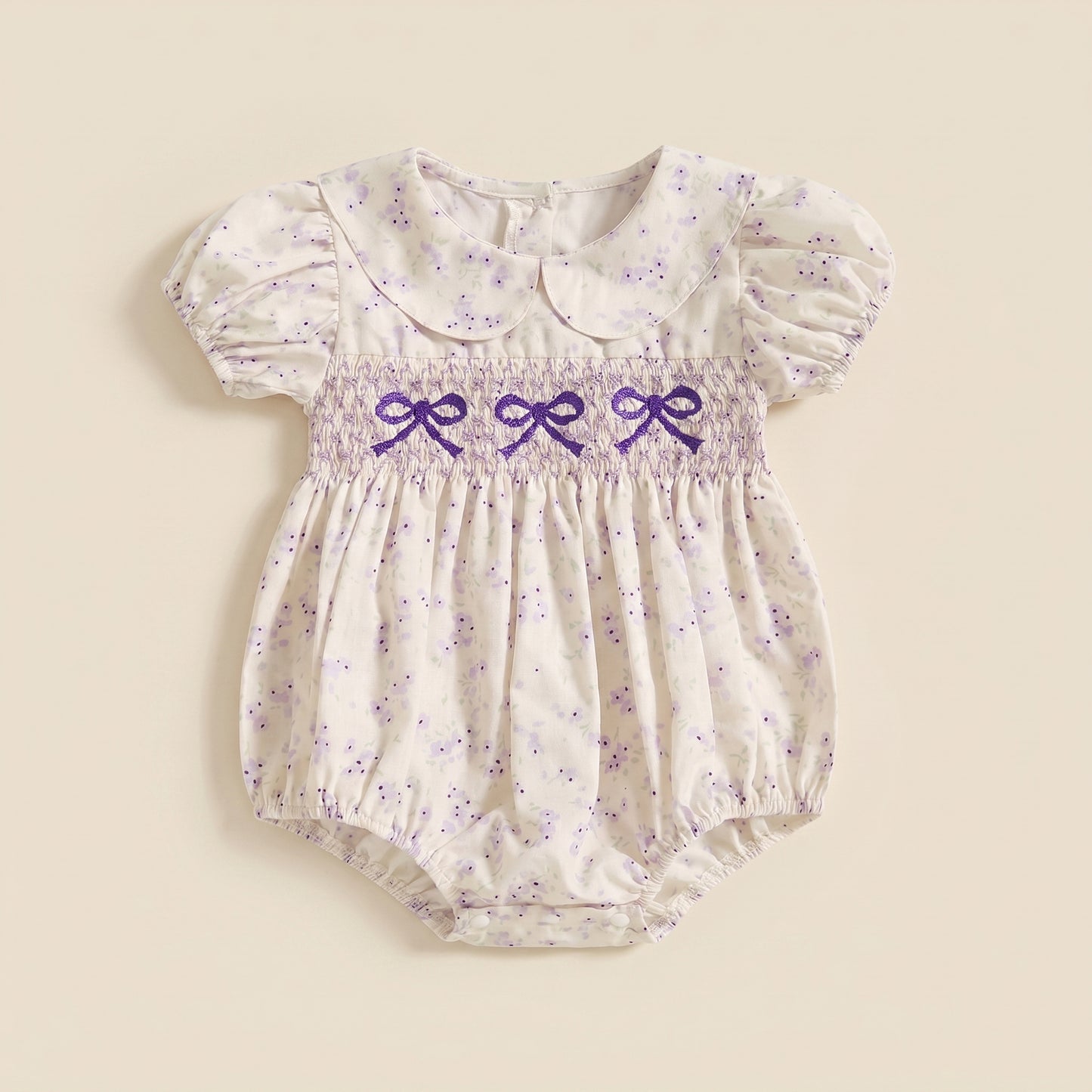 Infant Girl Bowknot Embroidered Romper - Floral Print Doll Collar Jumpsuit - Short Sleeve Bubble Bodysuit 0-18M