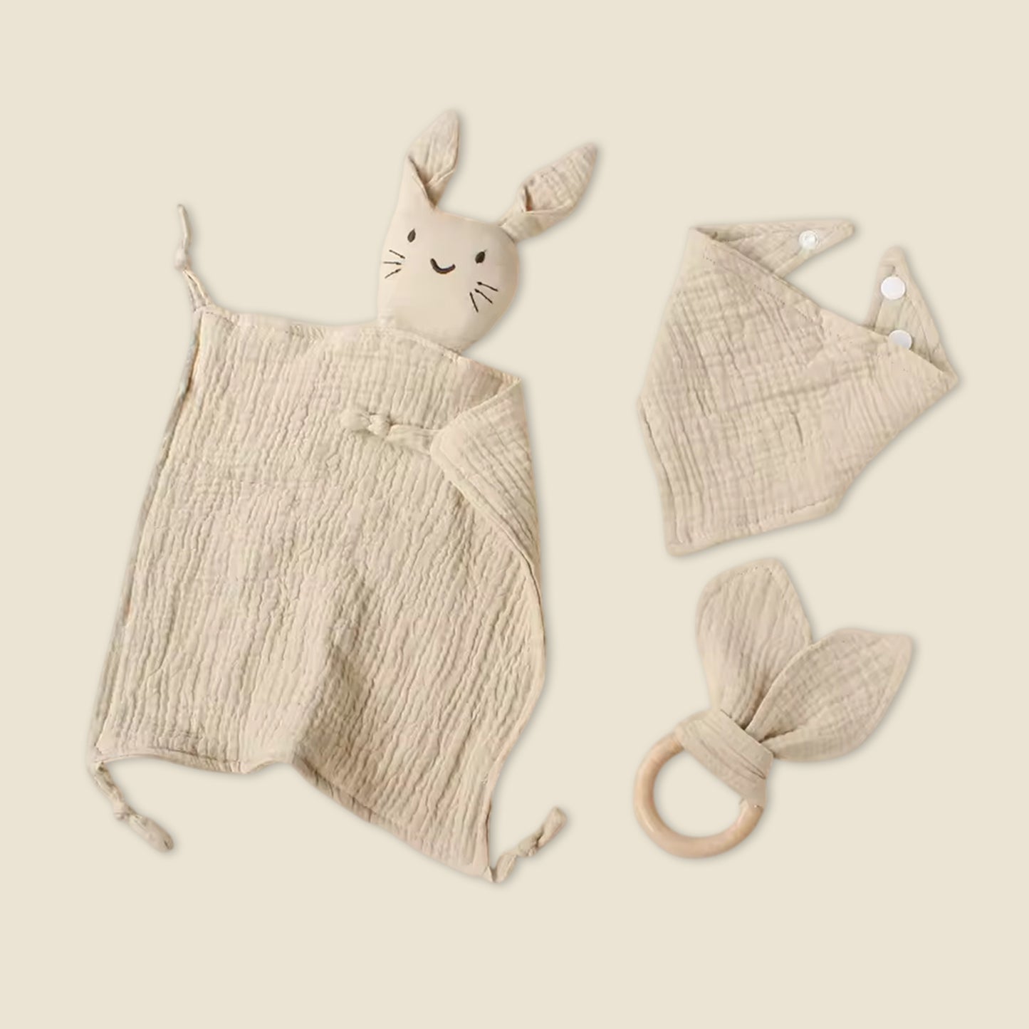 3Pcs Baby Muslin Towel Set - Soft Cotton Triangle Bib & Rabbit Ear Wooden Teether - Premium Saliva & Teething Kit for Newborns