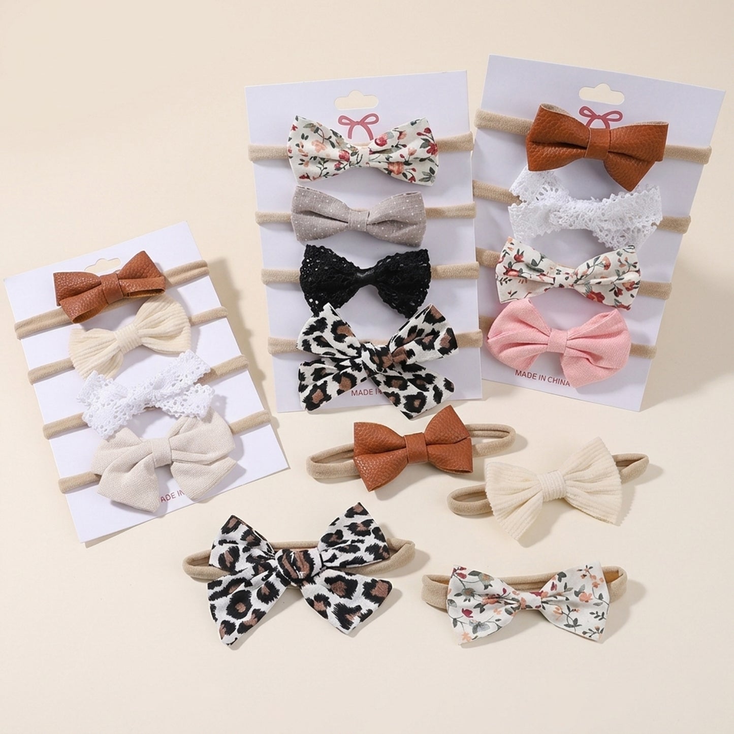 4-5Pcs/Set Baby Bow Headbands - Cotton Linen & Lace Fabric - Leopard Print Newborn Hair Accessories for Girls
