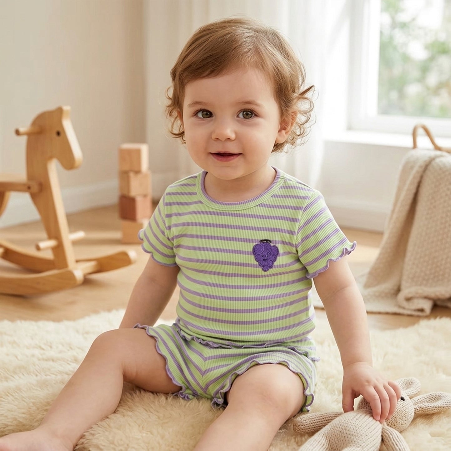 Summer Baby Girl Clothing Set - Striped Ear Edge Tops & Shorts - Grape & Peach Pattern 2Pcs Suit