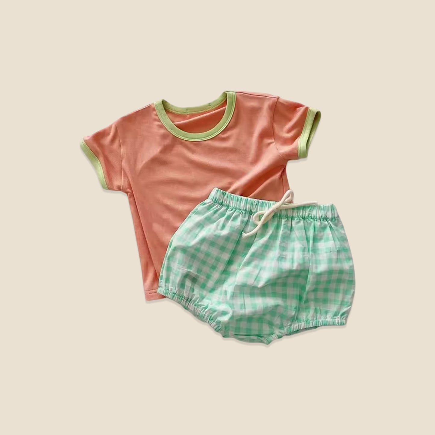 2Pcs Baby Summer Clothing Set - Short Sleeve Tee with Plaid Shorts - Soft Breathable Outfits for Boys & Girls 0-2Y