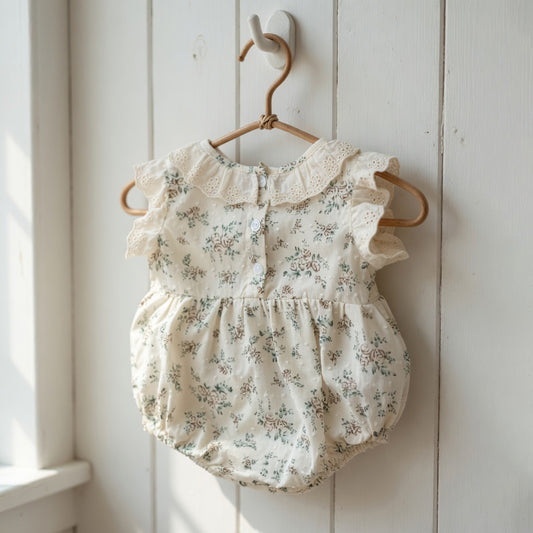Newborn Girl Flower Print Bodysuit Set - Ruched Fly Sleeve Cotton One-Piece with Gift Hat - Infant Princess Outfit 0-24M