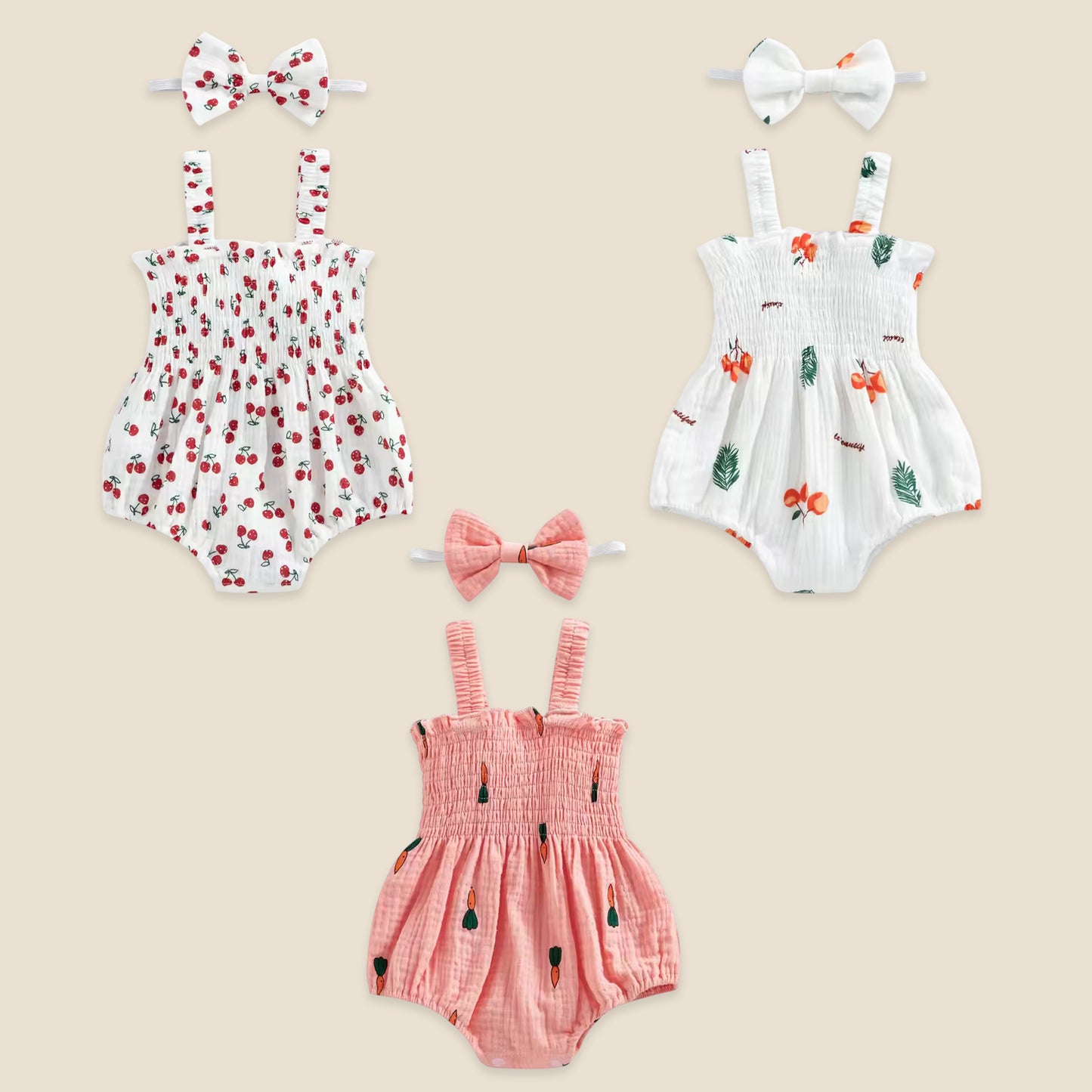 Newborn Baby Girl 2Pcs Summer Set - Sleeveless Printed Jumpsuit with Bow Headband - Soft Breathable Playsuit 0-18 Months