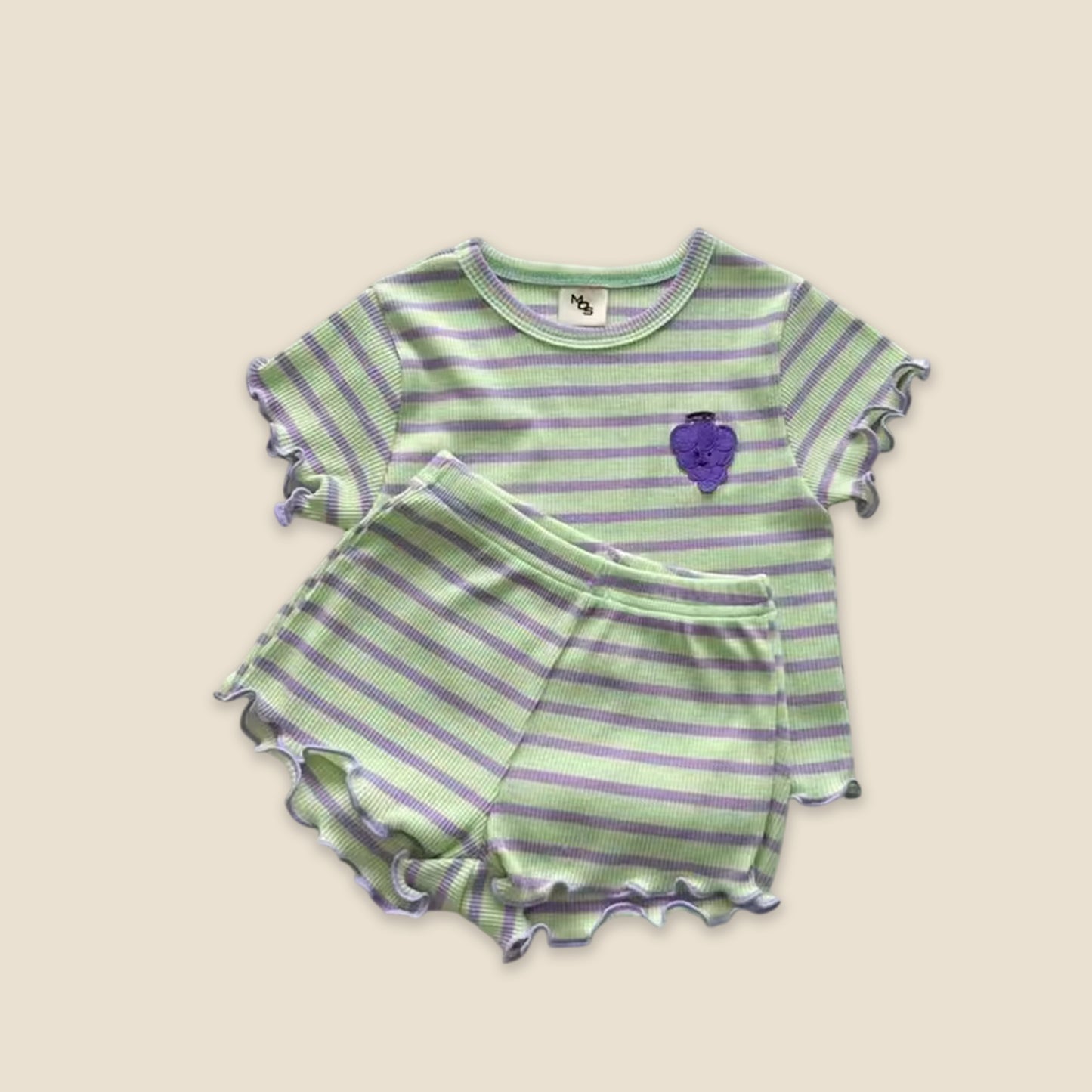 Summer Baby Girl Clothing Set - Striped Ear Edge Tops & Shorts - Grape & Peach Pattern 2Pcs Suit