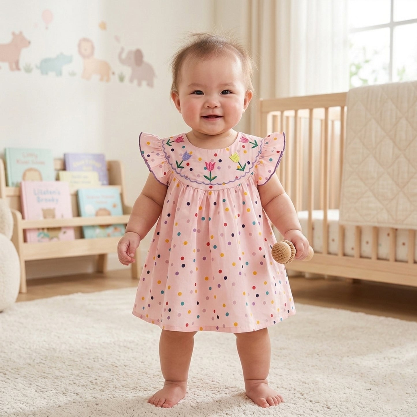 Baby Girl Flower Embroidered Dress - Breathable Polka Dot Printed Cotton Sunsuit - Casual Summer Outfits