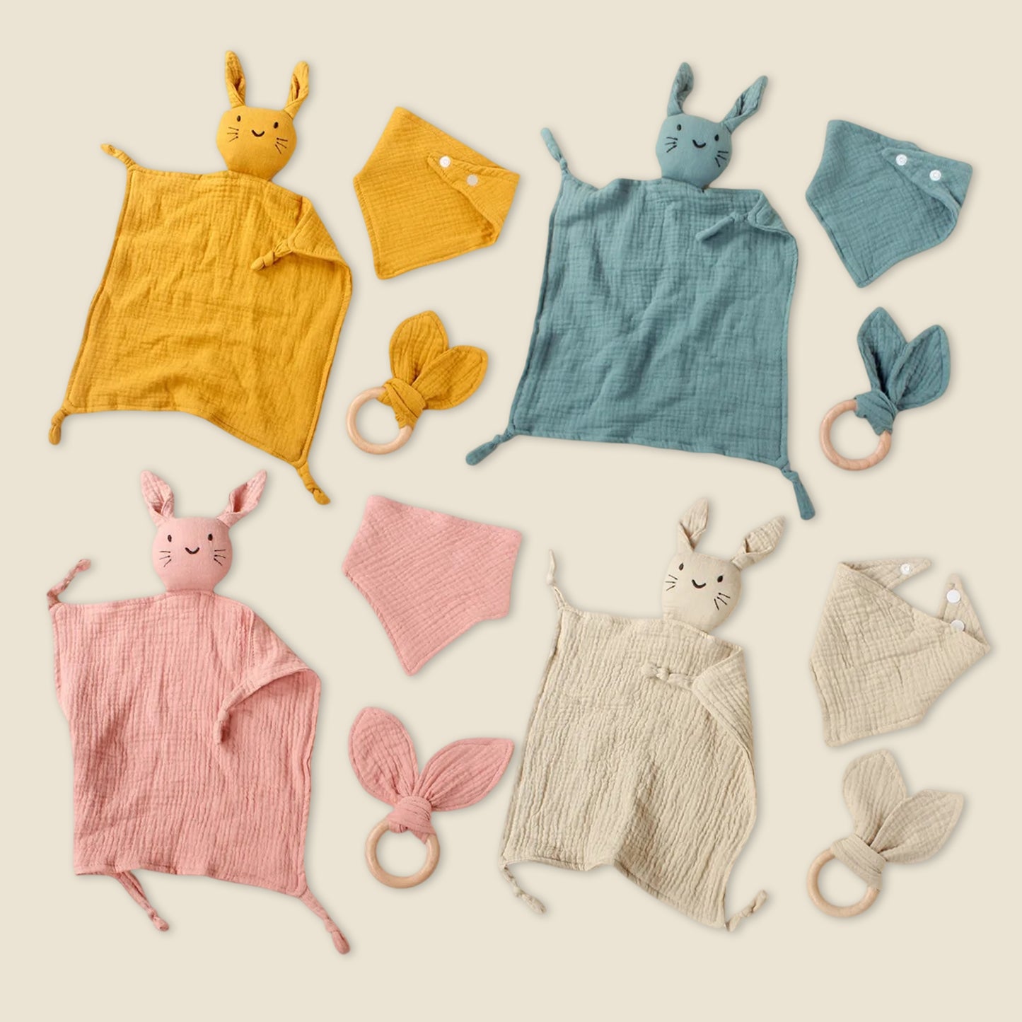 3Pcs Baby Muslin Towel Set - Soft Cotton Triangle Bib & Rabbit Ear Wooden Teether - Premium Saliva & Teething Kit for Newborns