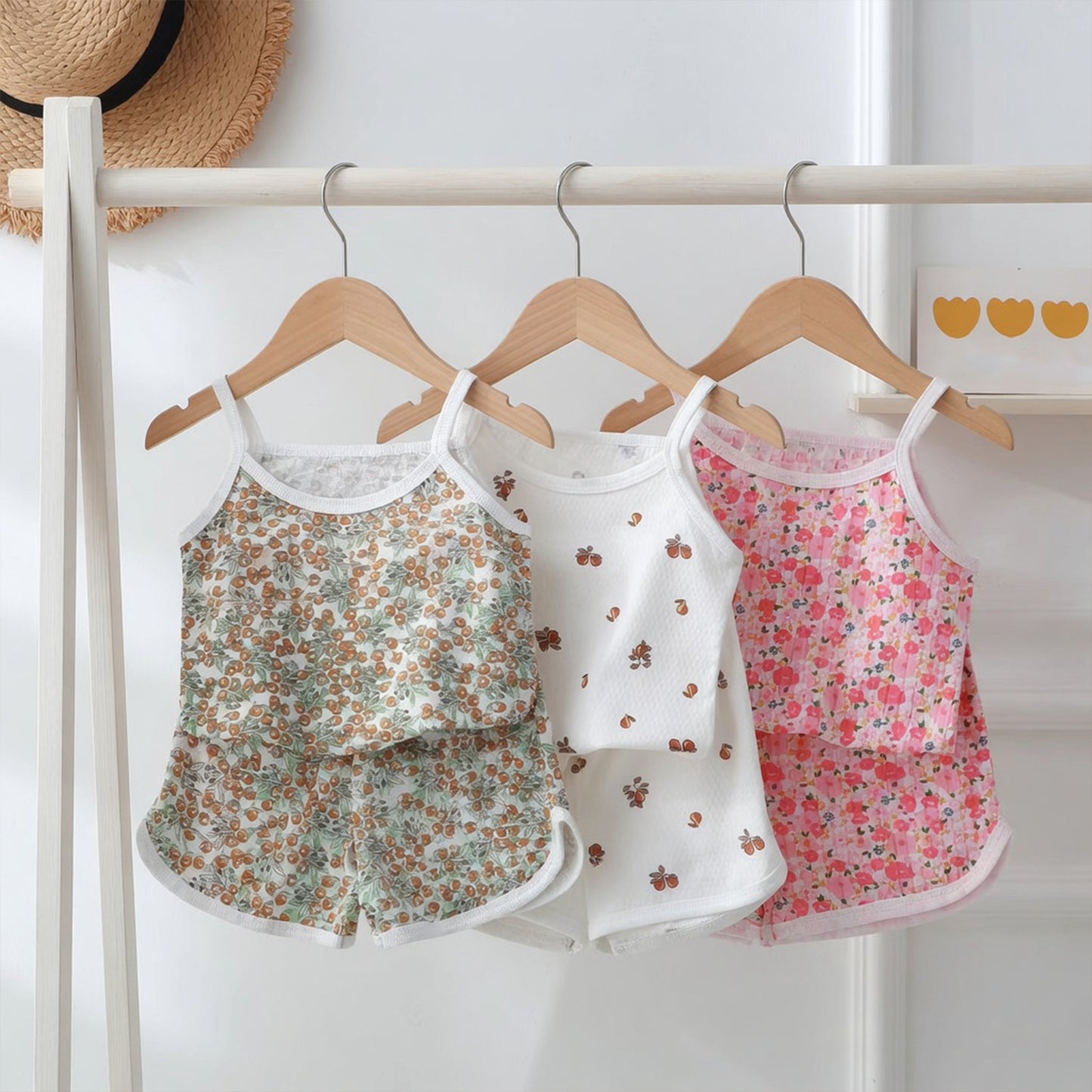 Baby Girl Summer Spaghetti Strap Set - 100% Cotton Camisole & Shorts Outfits - Cute Square Collar Pajamas