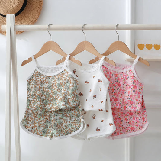 Baby Girl Summer Spaghetti Strap Set - 100% Cotton Camisole & Shorts Outfits - Cute Square Collar Pajamas