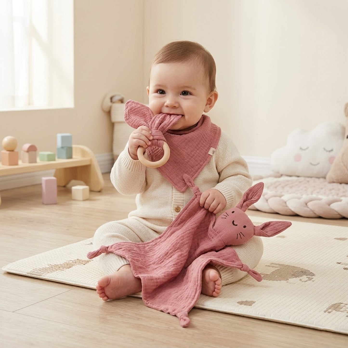 3Pcs Baby Muslin Towel Set - Soft Cotton Triangle Bib & Rabbit Ear Wooden Teether - Premium Saliva & Teething Kit for Newborns