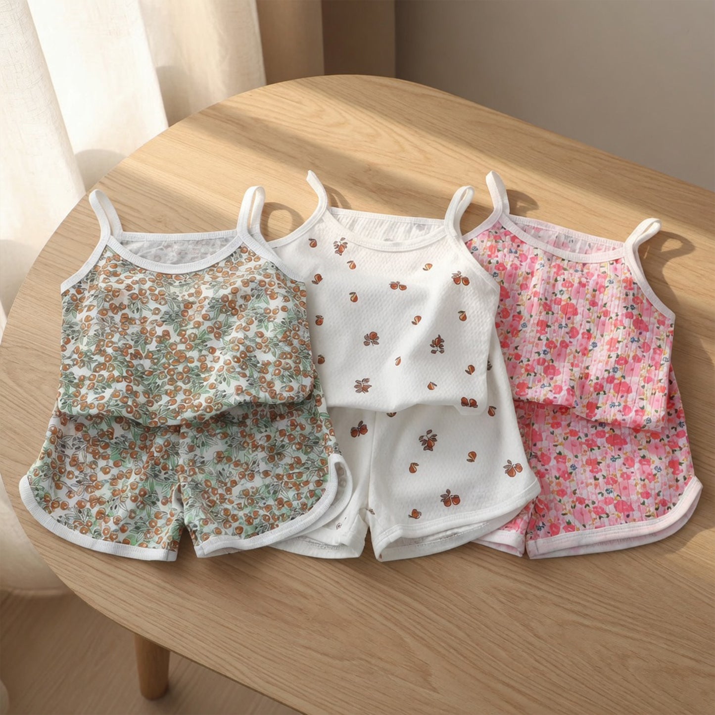 Baby Girl Summer Spaghetti Strap Set - 100% Cotton Camisole & Shorts Outfits - Cute Square Collar Pajamas