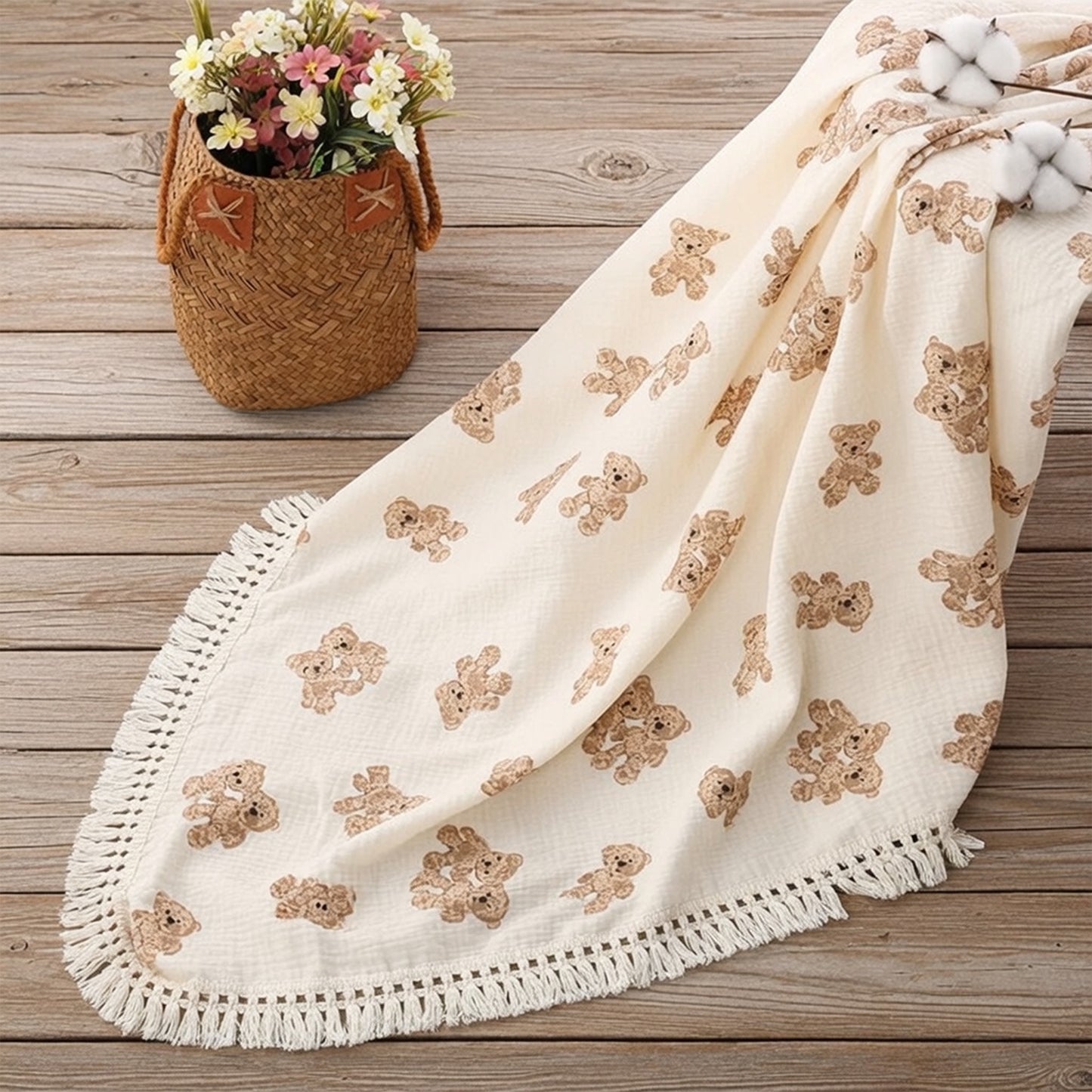 Cute Bear Plaid Muslin Baby Blanket - 100% Cotton Soft Swaddle - Breathable Summer Comforter for Newborns & Infants