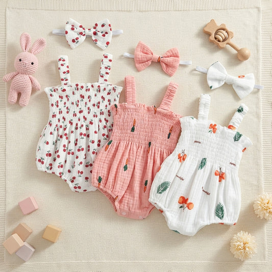 Newborn Baby Girl 2Pcs Summer Set - Sleeveless Printed Jumpsuit with Bow Headband - Soft Breathable Playsuit 0-18 Months