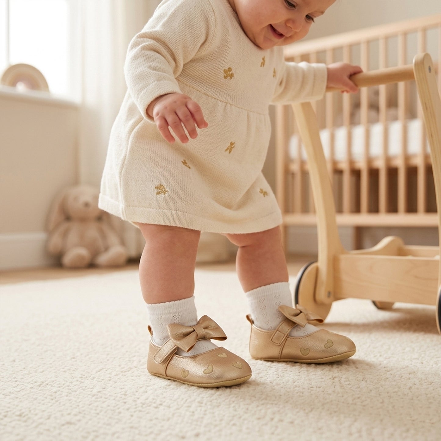 Classic Baby Girl Dress Shoes - Cute Bow-knot & Heart Anti-Slip First Walkers (0-18M)