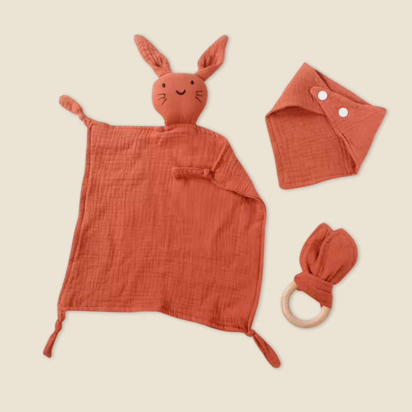 3Pcs Baby Muslin Towel Set - Soft Cotton Triangle Bib & Rabbit Ear Wooden Teether - Premium Saliva & Teething Kit for Newborns