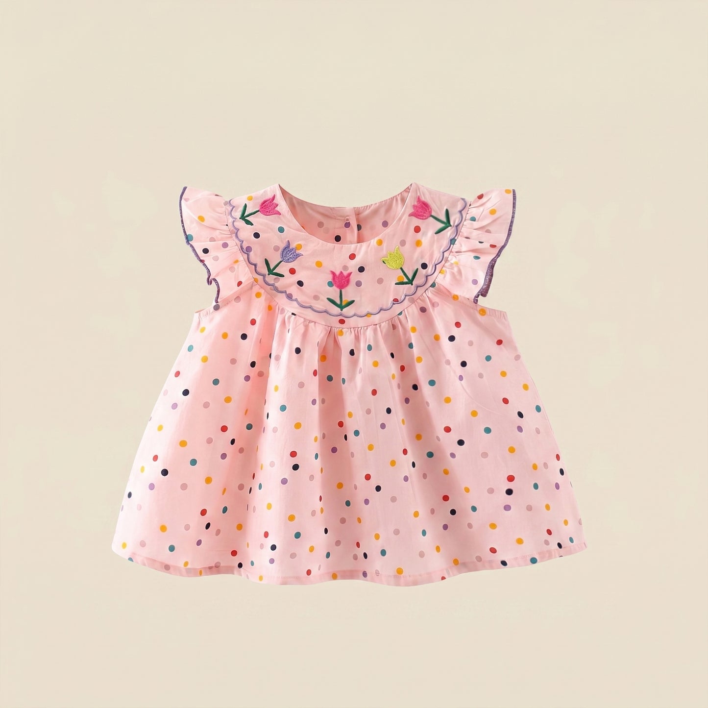 Baby Girl Flower Embroidered Dress - Breathable Polka Dot Printed Cotton Sunsuit - Casual Summer Outfits